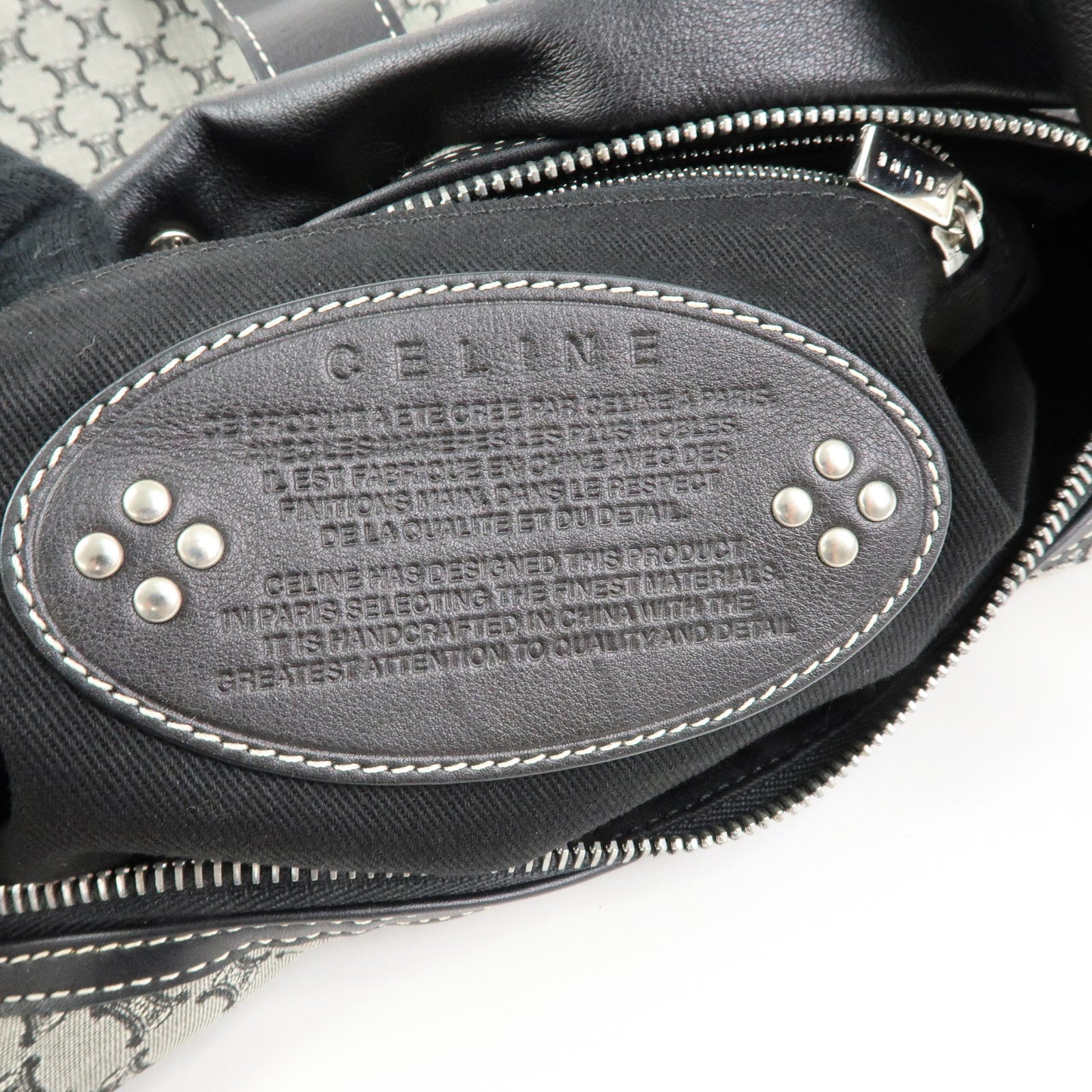 CELINE Macadam Canvas Leather Shoulder Bag Grey Black Silver
