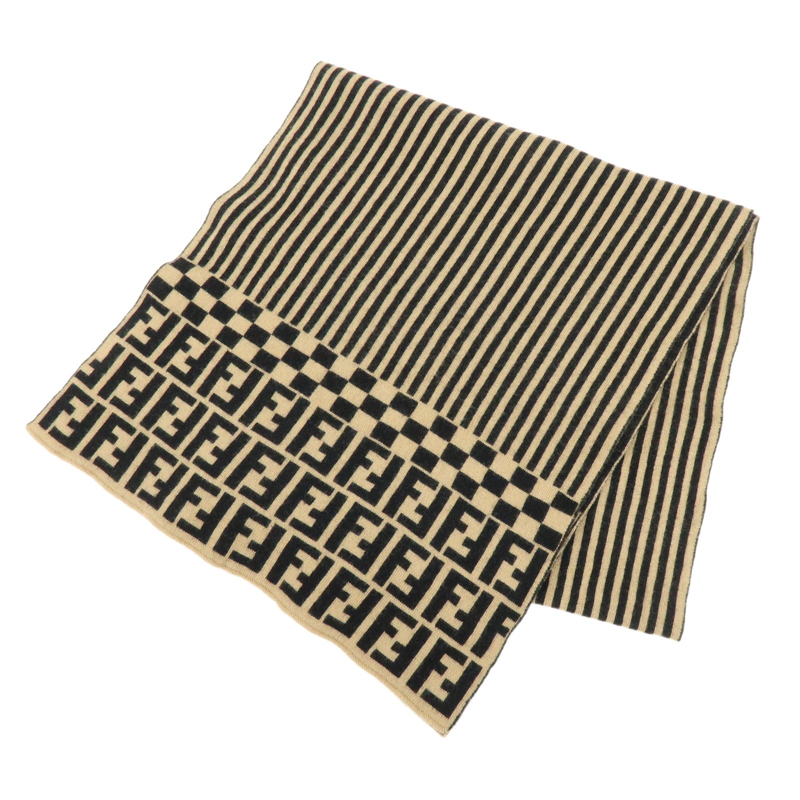 FENDI Zucca FF Logo Wool 100% Scarf Stole Stripe Beige Black