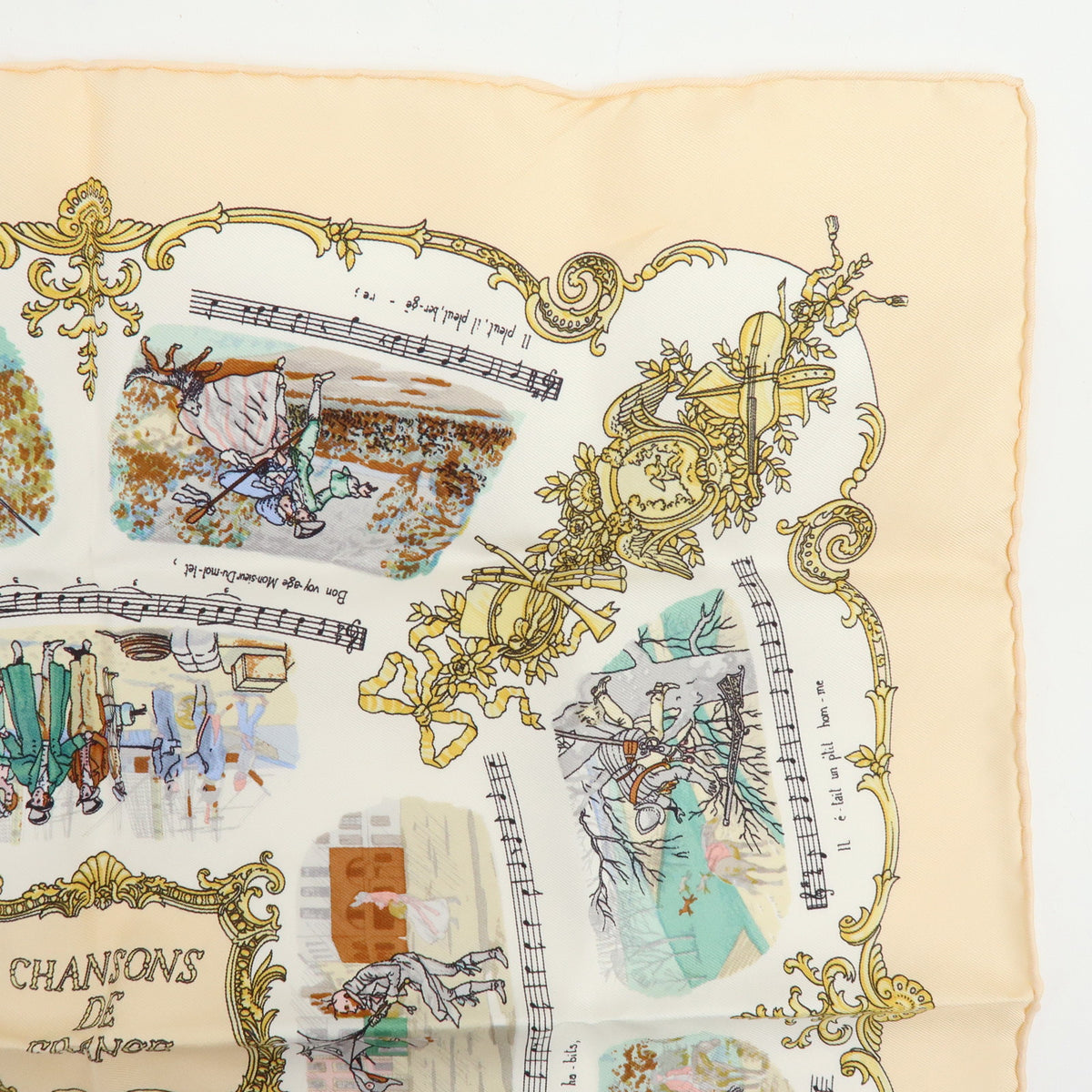HERMES Carre 45 Silk 100% Scarf CHANSONS DE FRANCE Beige Multicolor