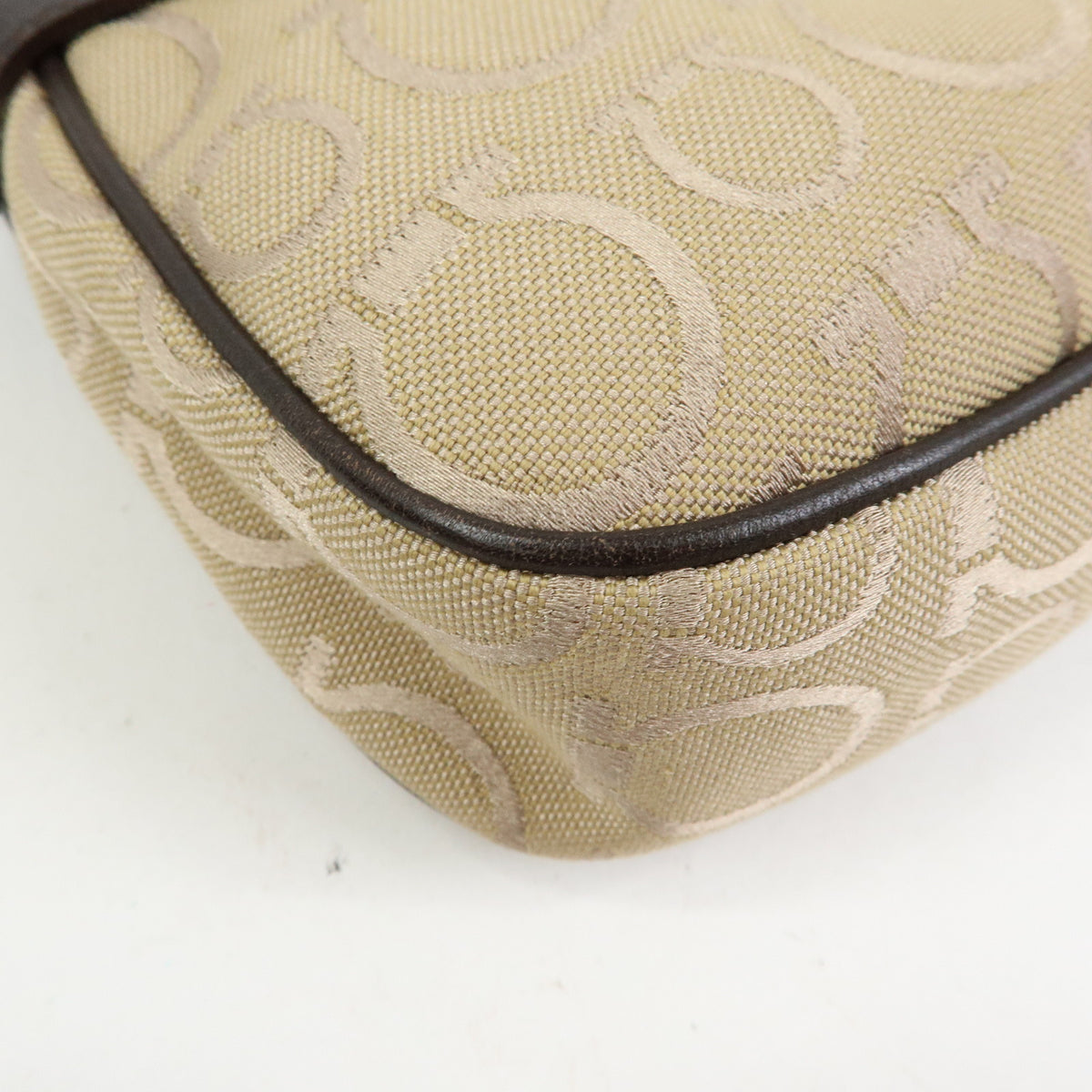 Ferragamo Gancini Jacquard Canvas Leather Hand Bag Beige Brown