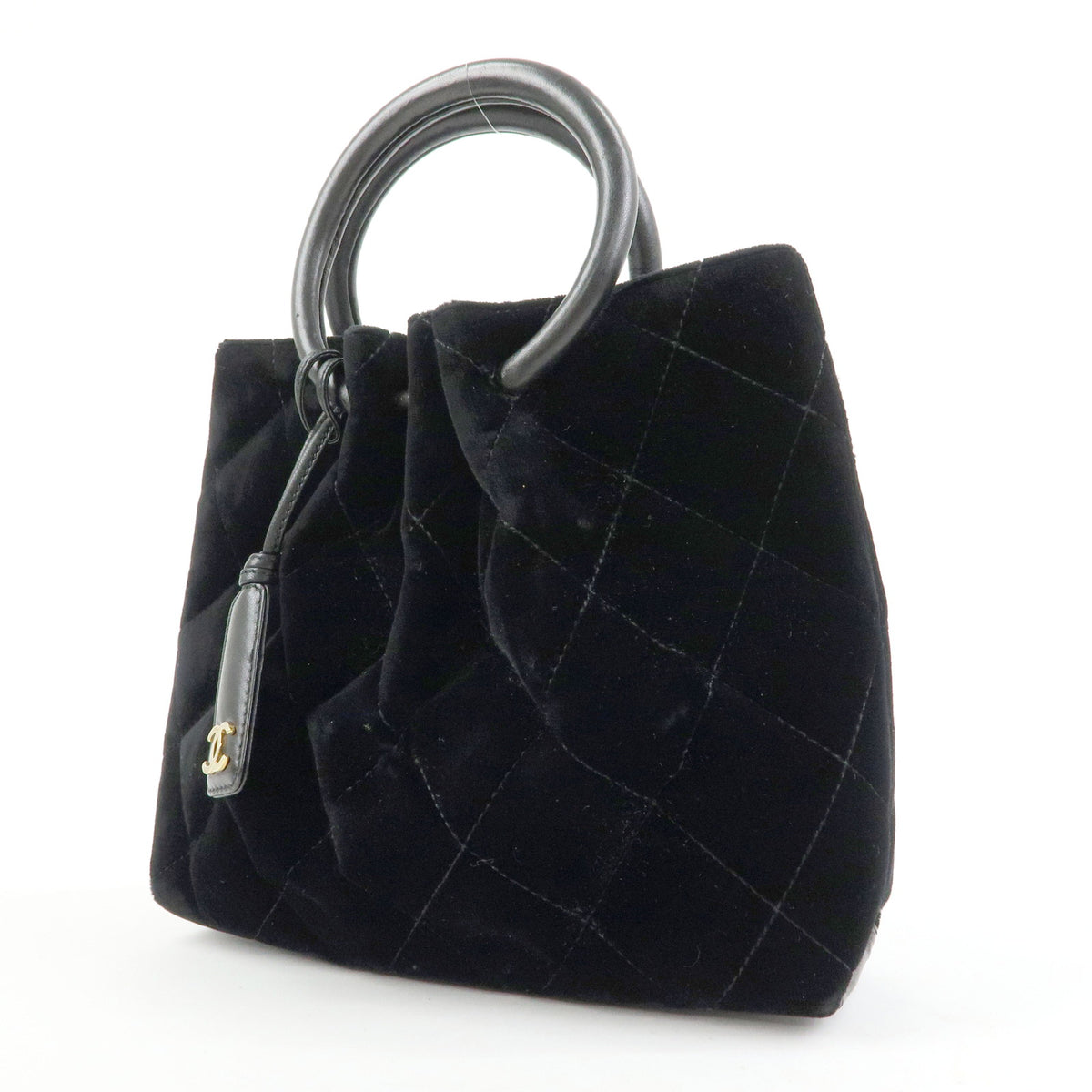 CHANEL Matelasse Velour Leather Ring Handle Hand Bag Black