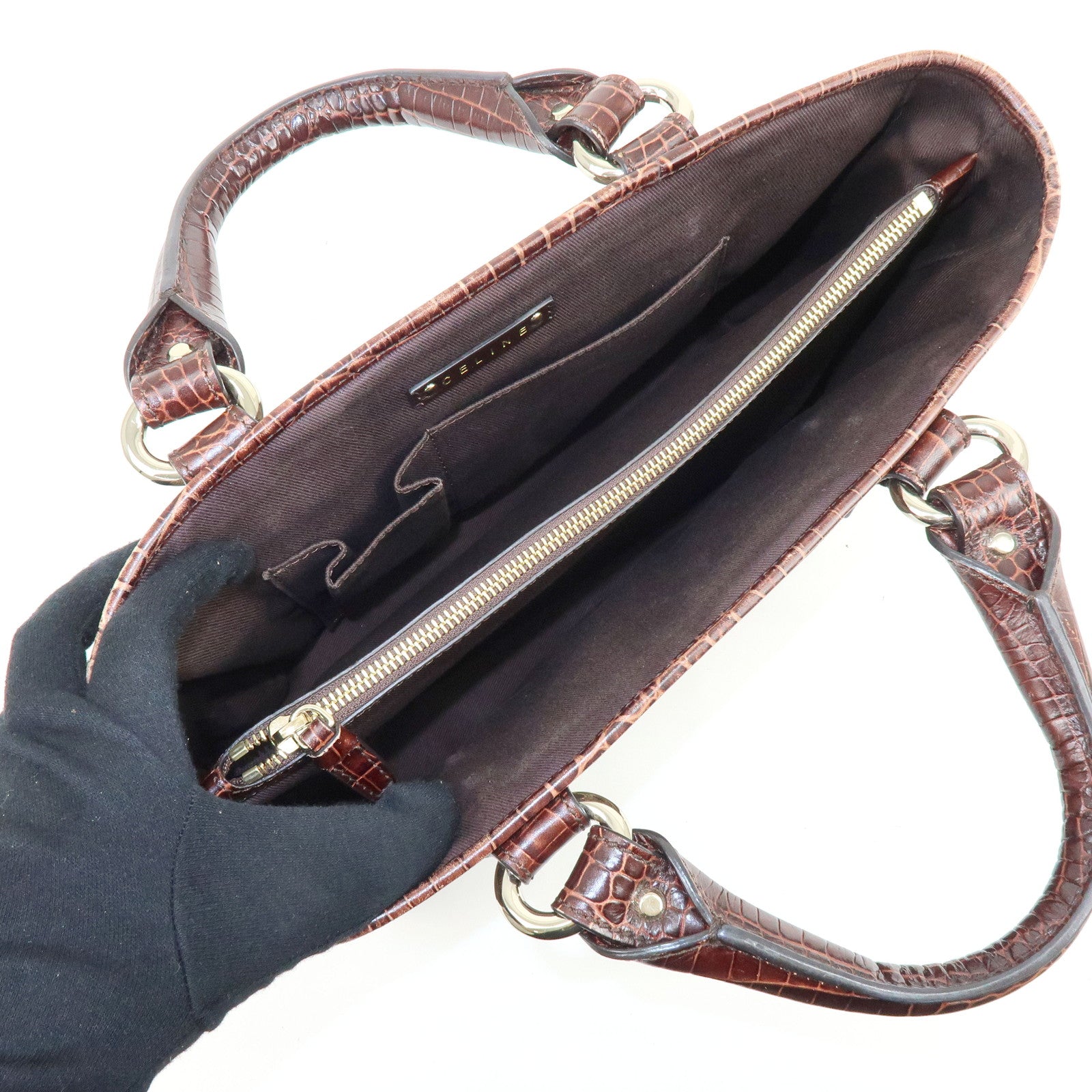 CELINE Macadam Boogie Bag Embossed Leather Canvas Hand Bag Brown