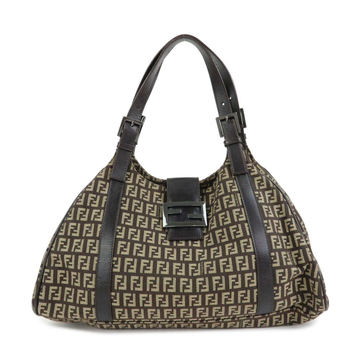 FENDI Zucchino Canvas Leather Shoulder Bag Hand Bag Beige Brown 8BR463