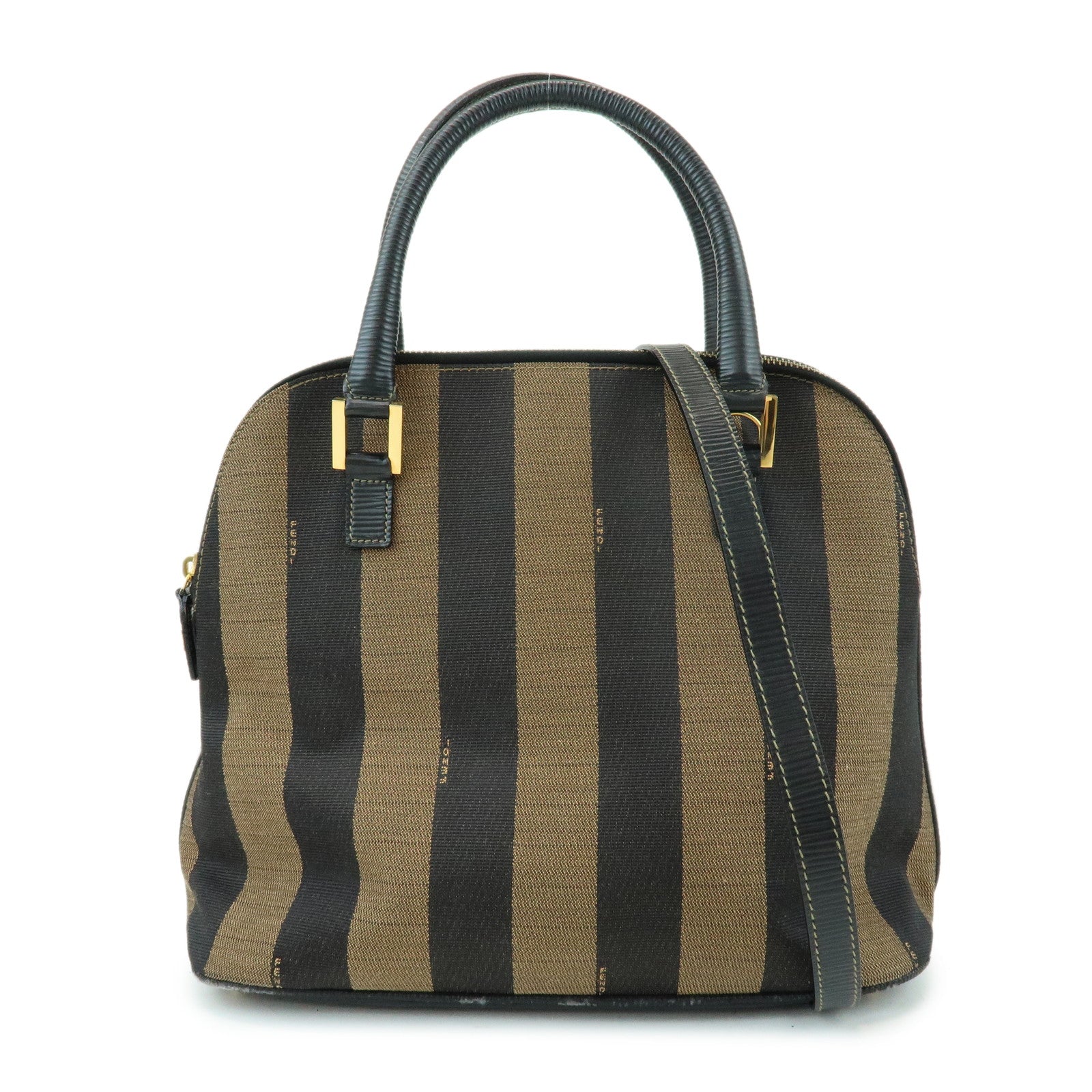 FENDI Pequin Canvas Embossed Leather 2Way Bag Hand Bag Brown