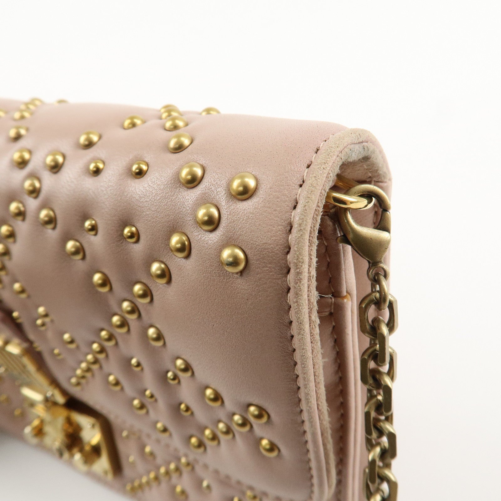 Christian Dior Addict Studs Leather Chain Shoulder Bag Hand Bag Beige Used