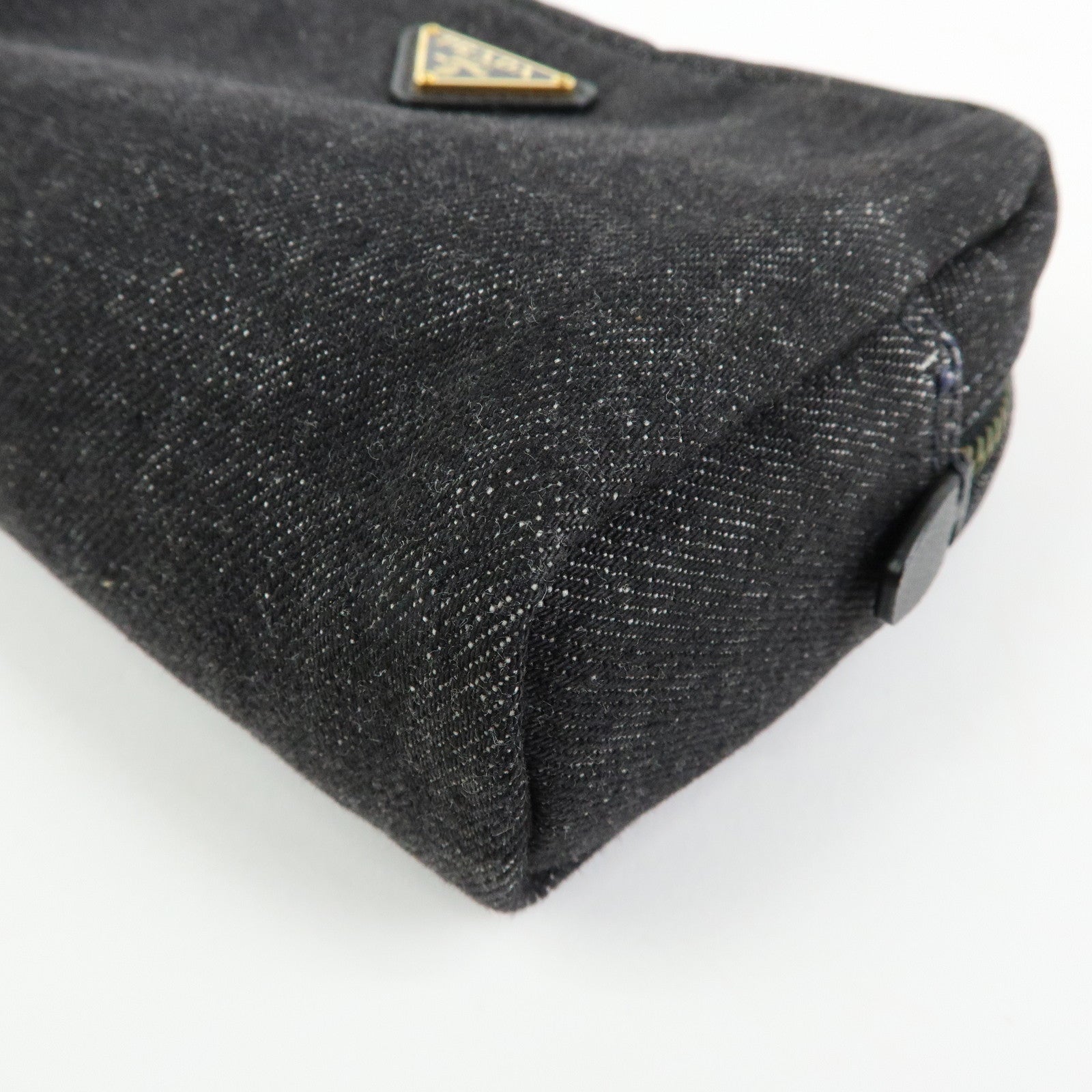 PRADA Triangle Logo Denim Cosmetic Pouch Black Gold