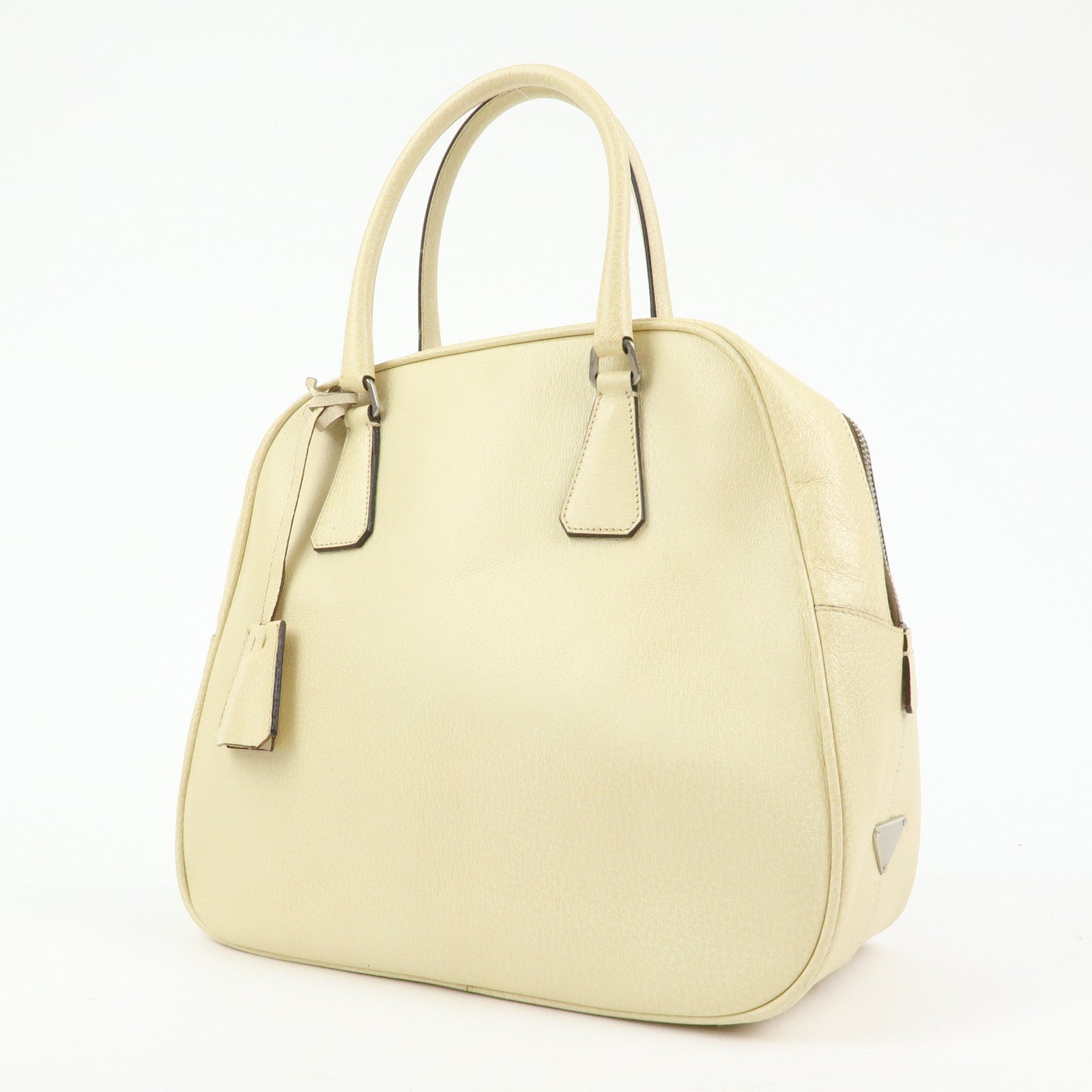 Prada Triangle Logo Leather Hand Bag Dome Bag Beige B11209
