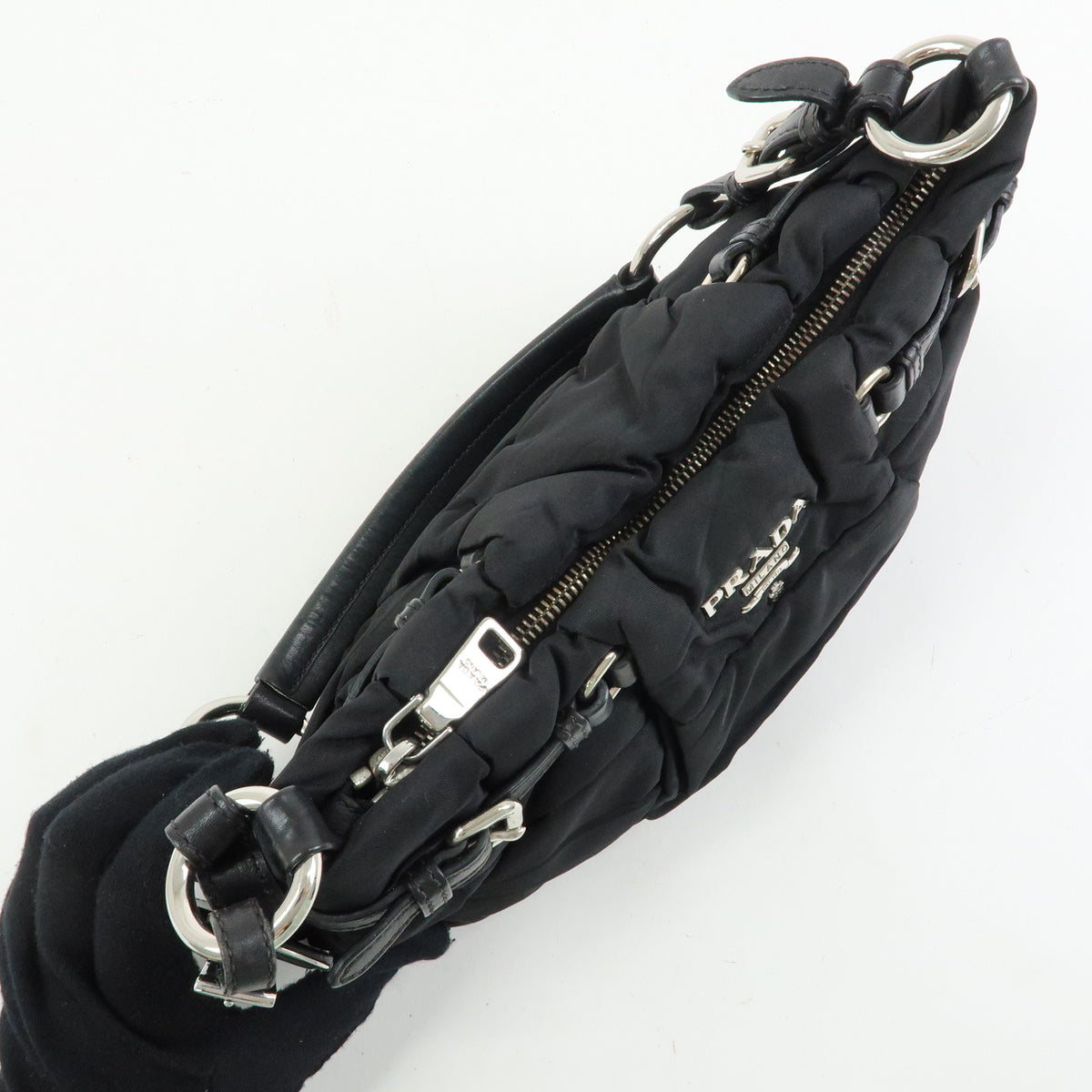 PRADA Tessuto Gathered Nylon Leather Shoulder Bag Hand Bag Black BN1704