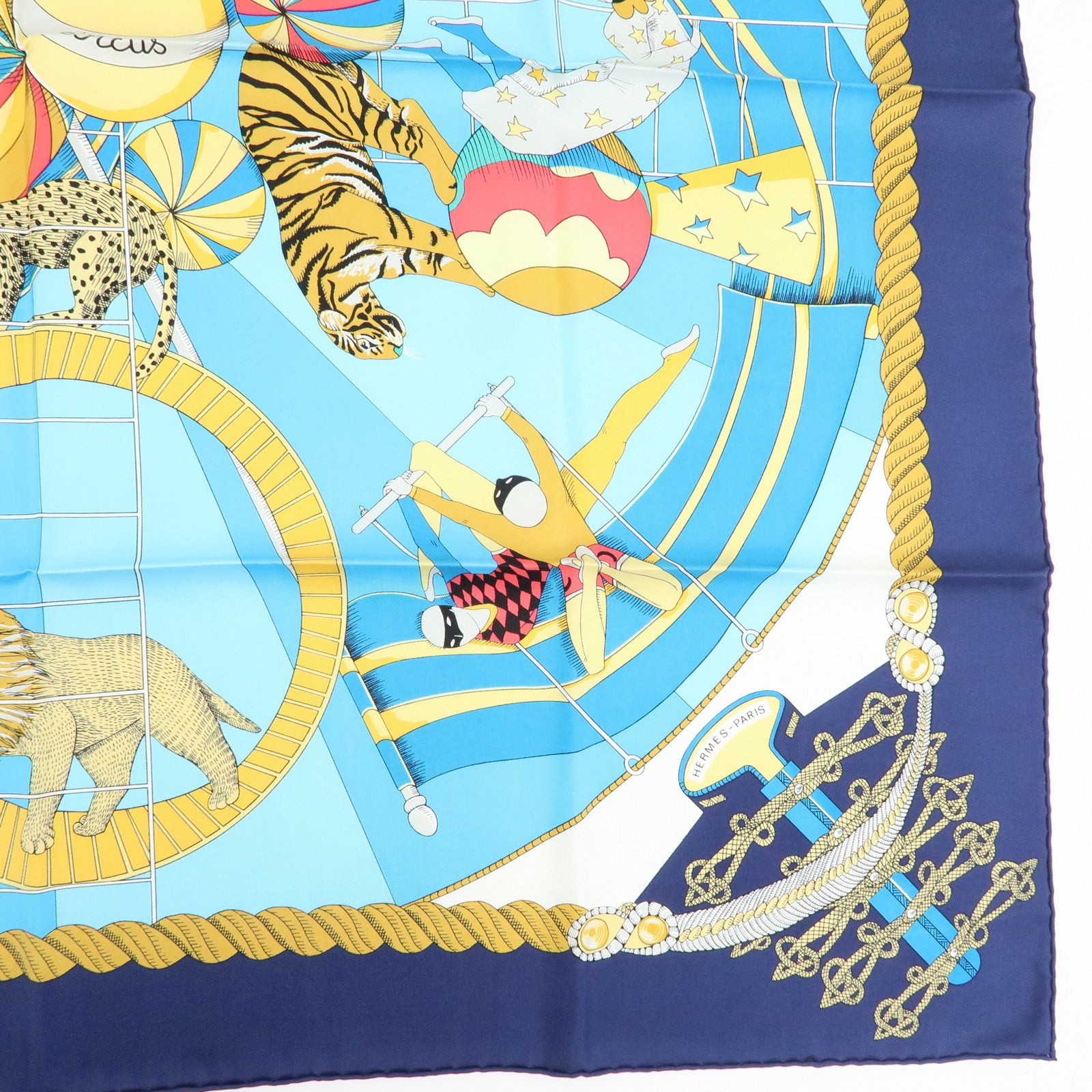 HERMES Carre 90 Silk 100% Scarf Circus Blue Yellow White