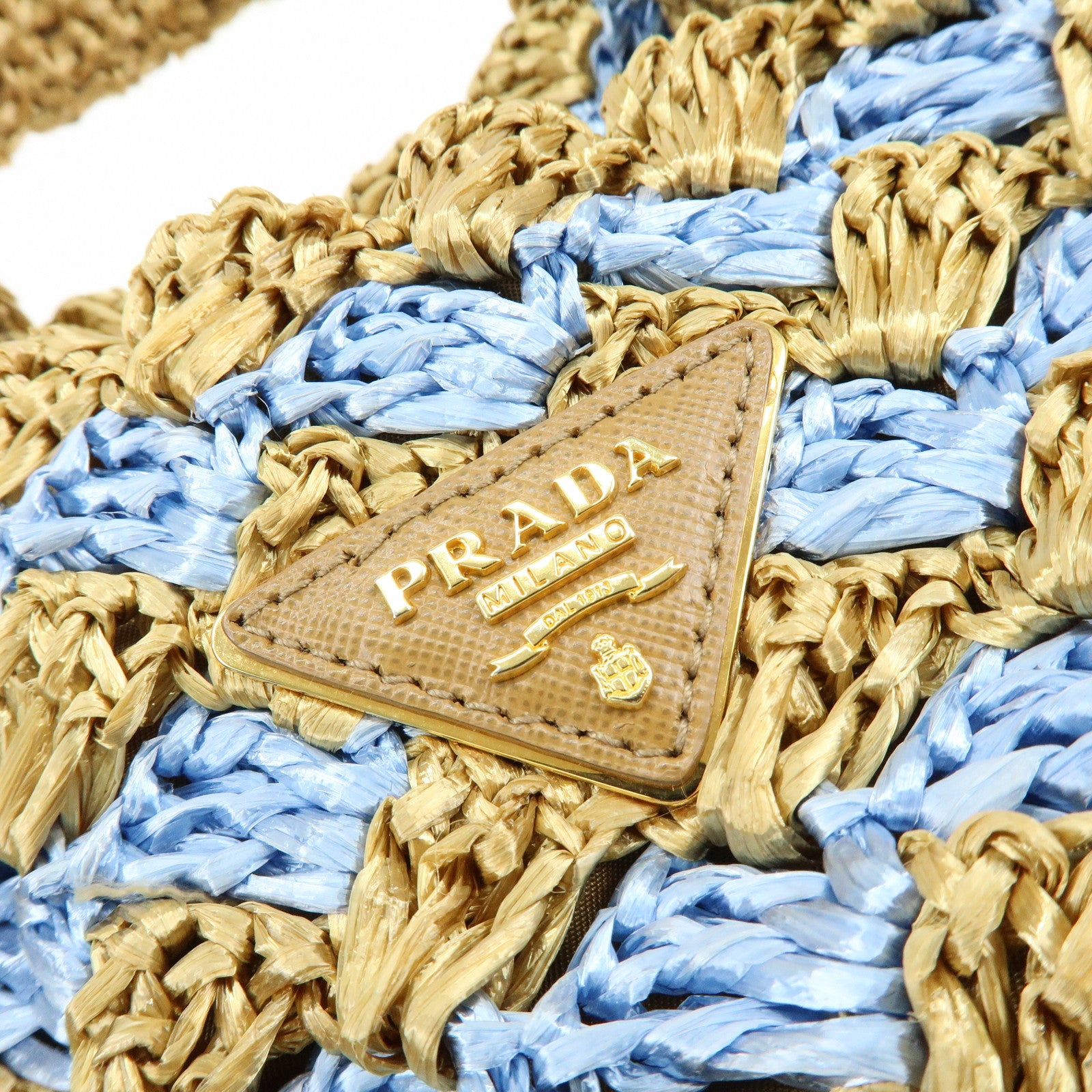 PRADA Traingle Logo Canapa Raffia Tote Bag Hand Bag Natural Blue