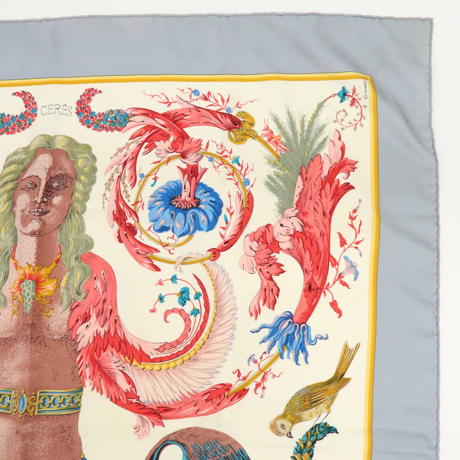 HERMES Carre 90 Silk 100% Scarf CERES Gray Red