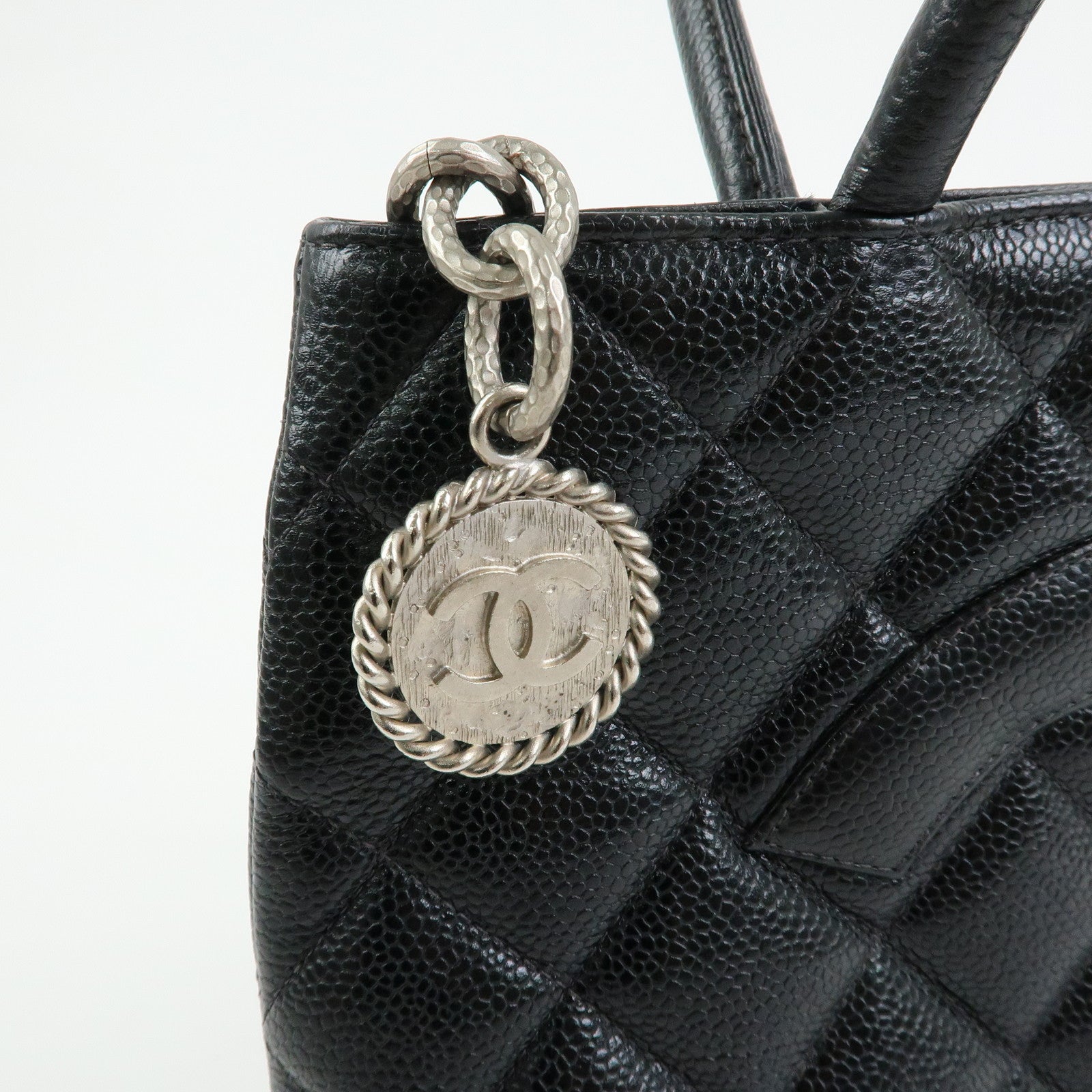 CHANEL Matelasse COCO Mark Caviarskin Medallion Tote Bag Black A01804