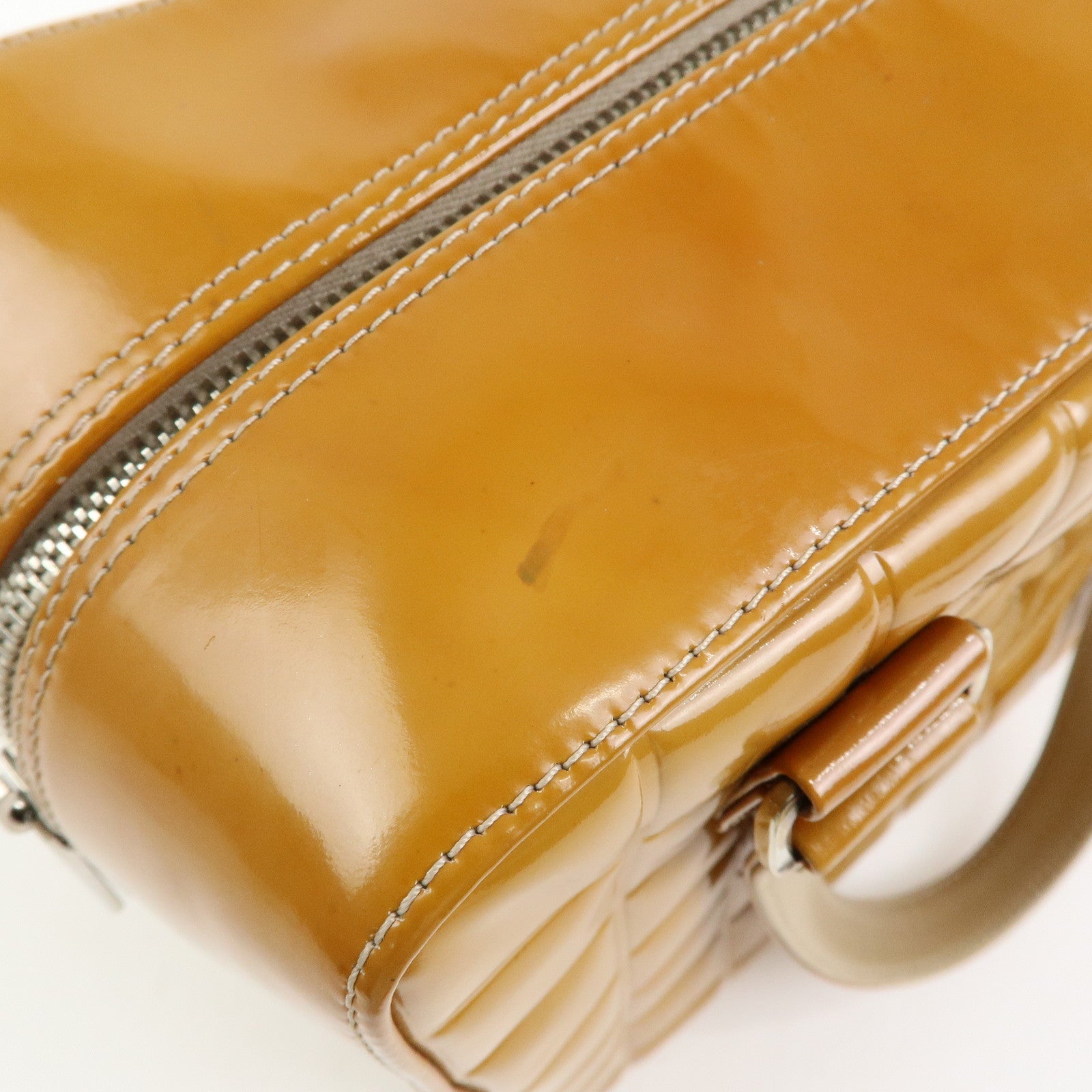 CHANEL Chocolate Bar COCO Mark Patent Leather Boston Bag Hand Bag Camel