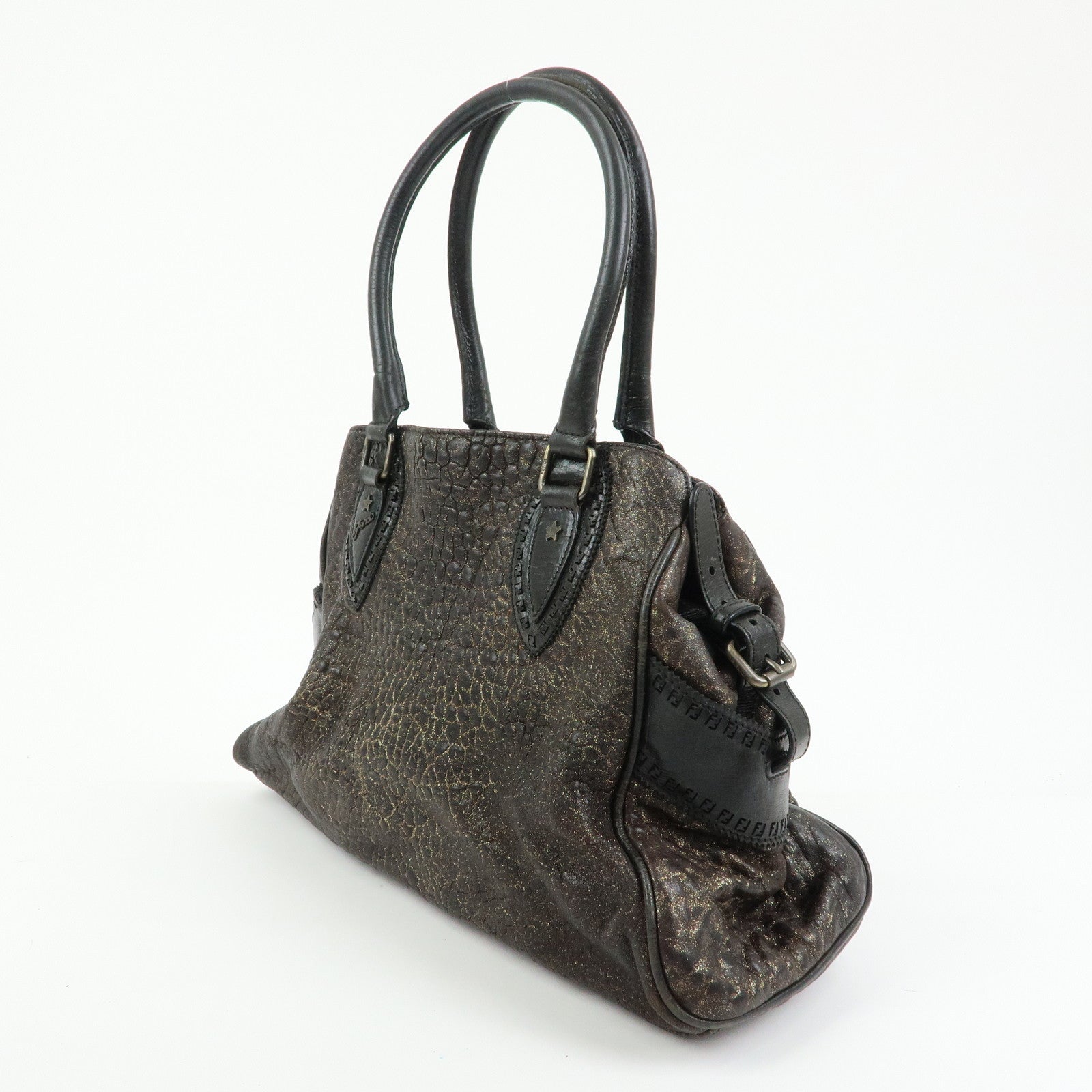 FENDI Etnico Embossed Leather Tote Bag Shoulder Bag Brown Gold 8BN162