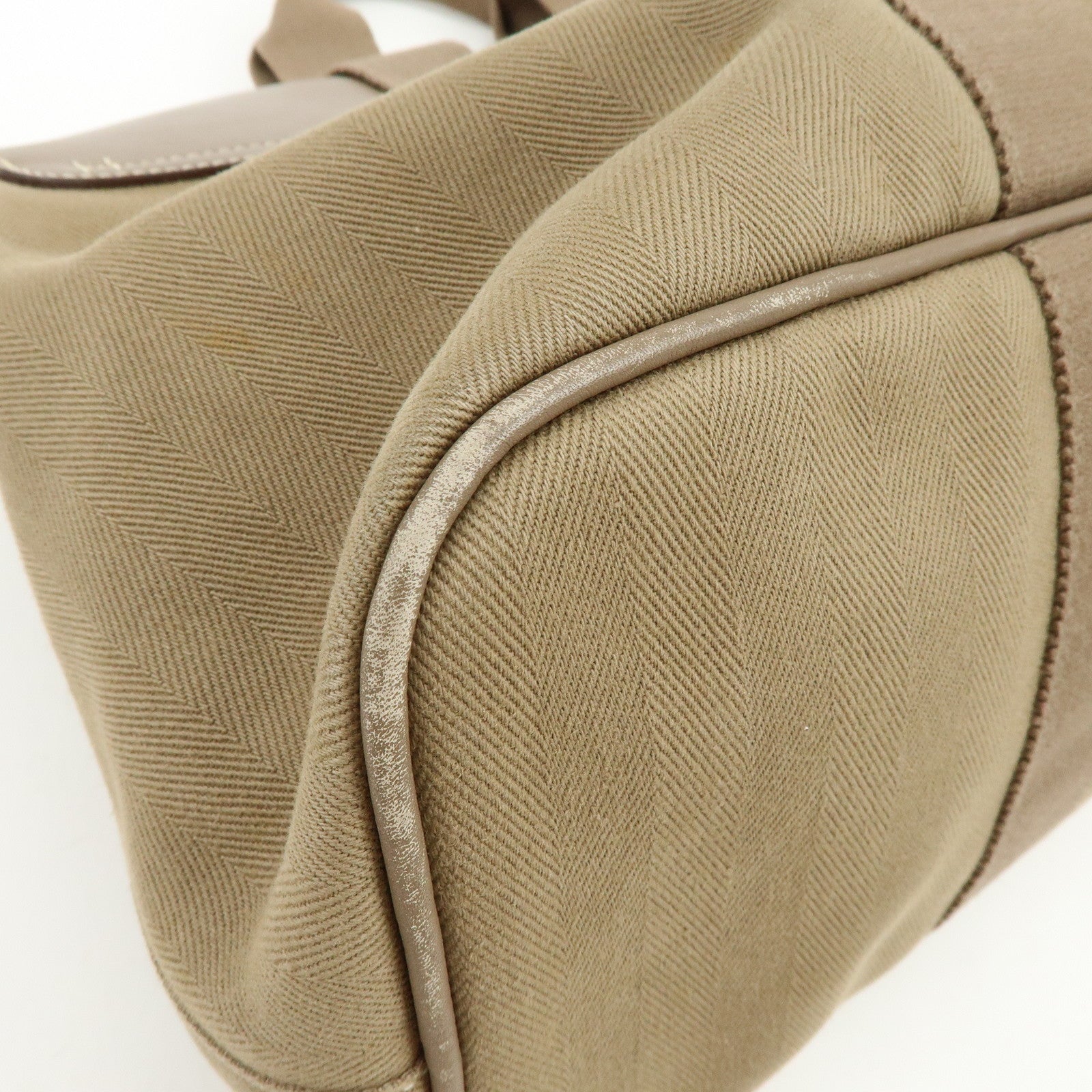 HERMES Valparaiso Toile Chevron Leather MM Hand Tote Bag Beige