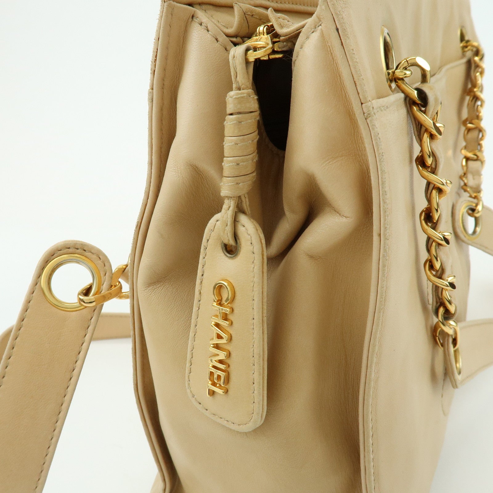 CHANEL COCO Mark Lamb Skin Chain Shoulder Bag Tote Bag Beige Gold