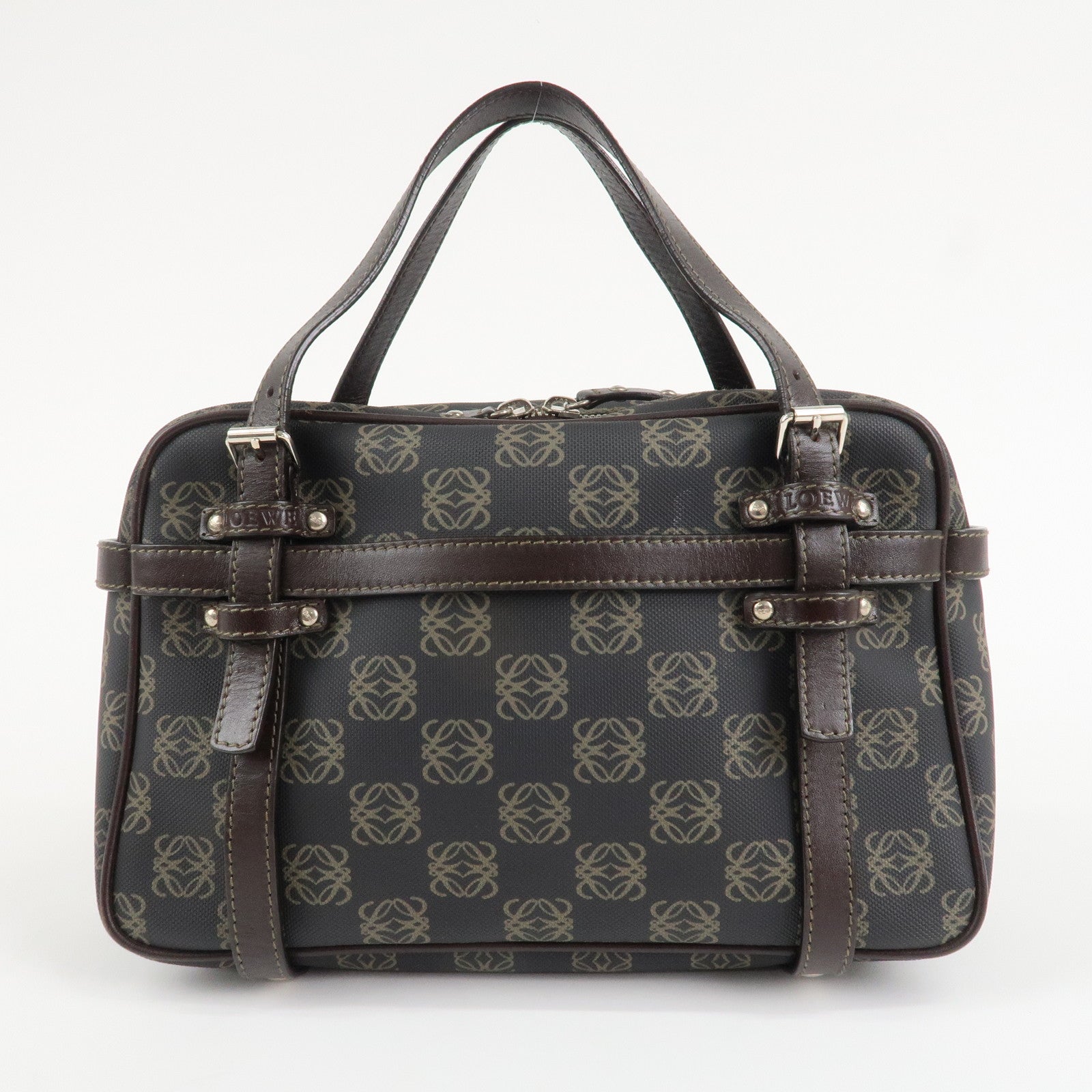 LOEWE Repeat Anagram PVC Leather 2Way Boston Bag Hand Bag Brown Used