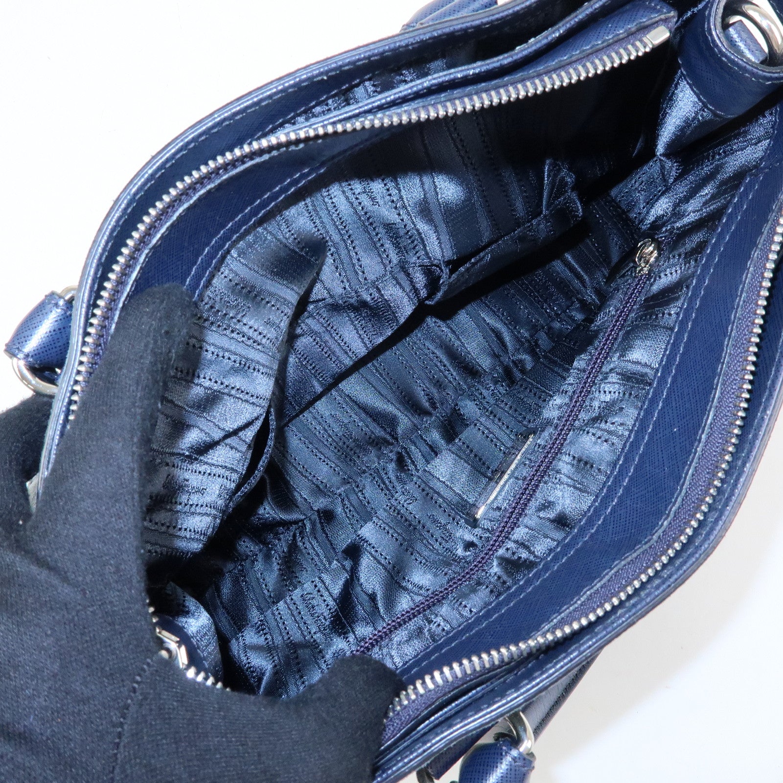 Ferragamo Gancini Canvas Leather 2Way Bag Hand Bag Navy