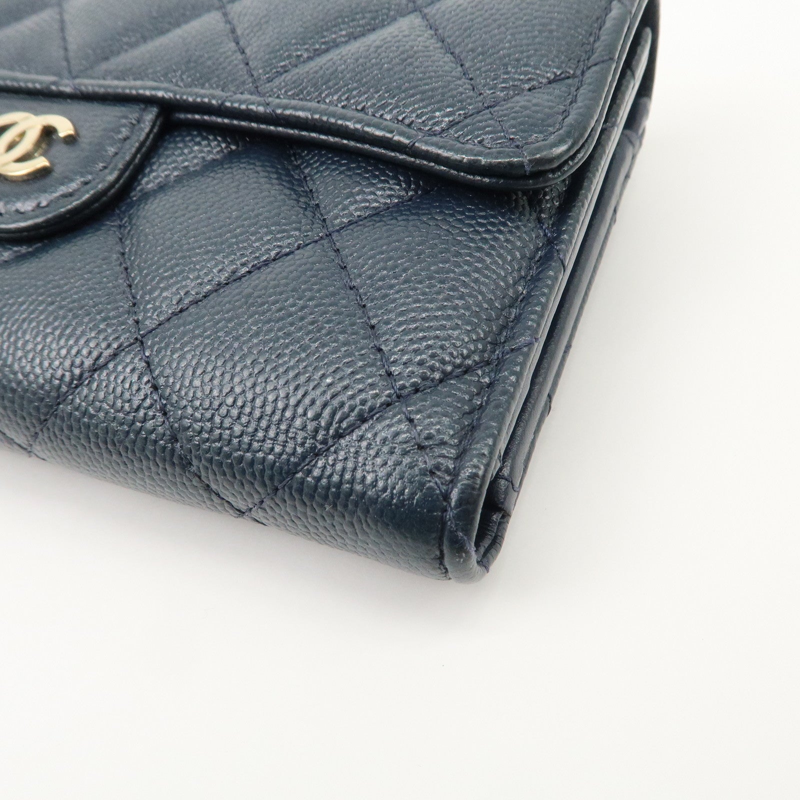 CHANEL Matelasse Caviarskin Tri-fold Wallet Small Wallet Navy AP0232 Used