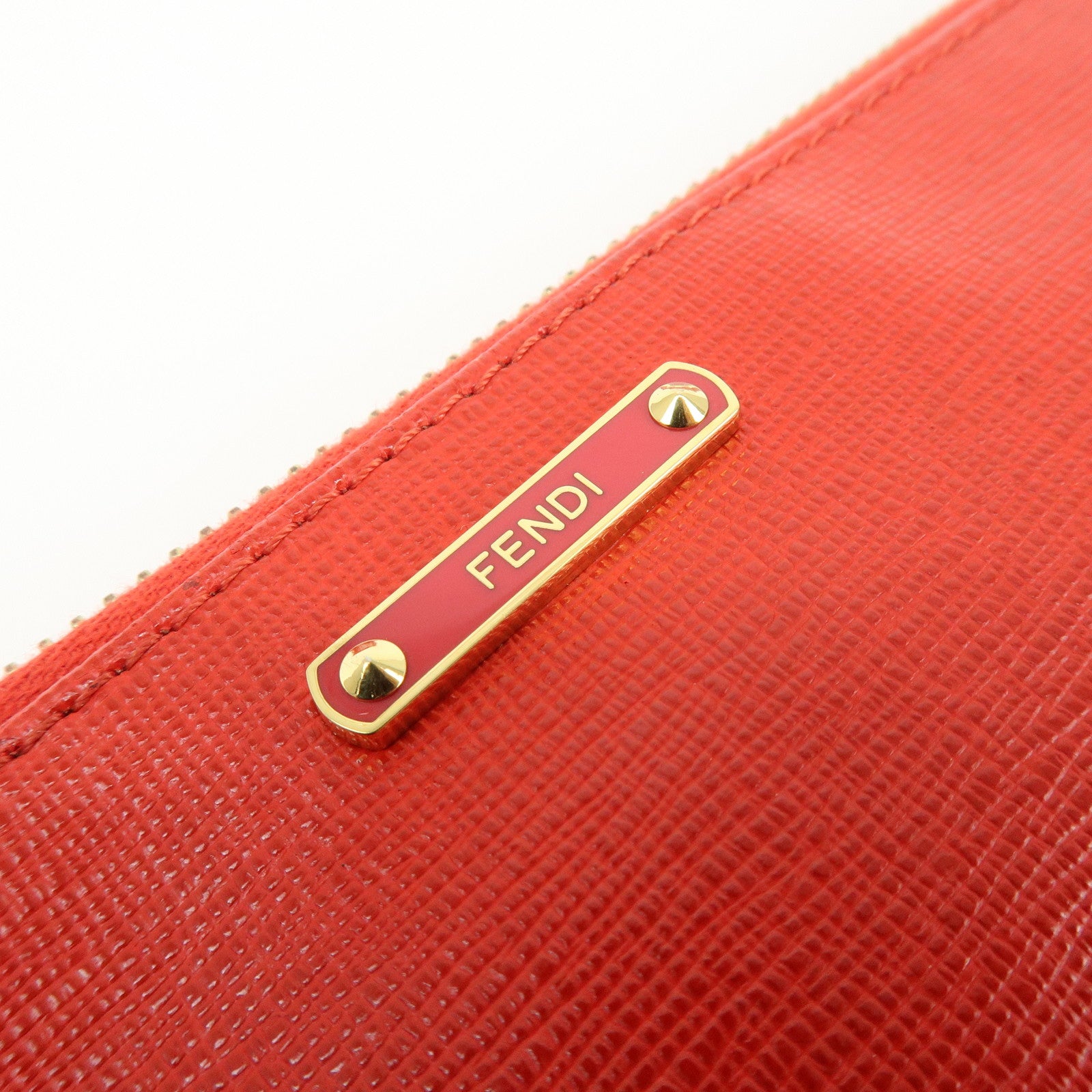 FENDI Embossed Leather Chain Accessary Pouch Hand Bag Red 8M0271