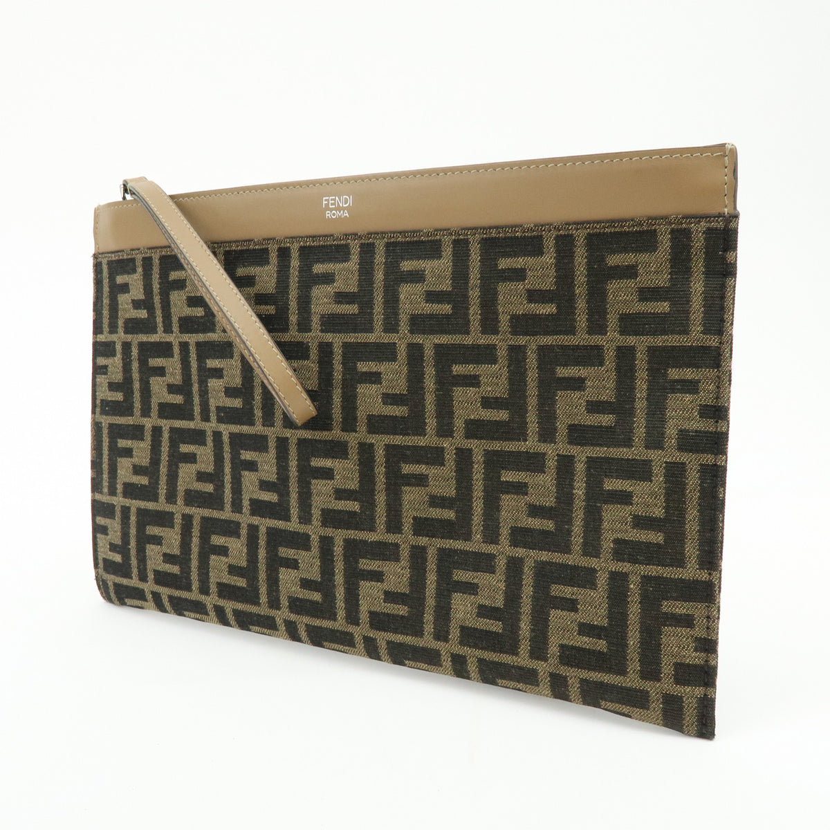 FENDI Zucca Flat Slim Canvas Leather Clutch Bag Pouch Brown 7N0134
