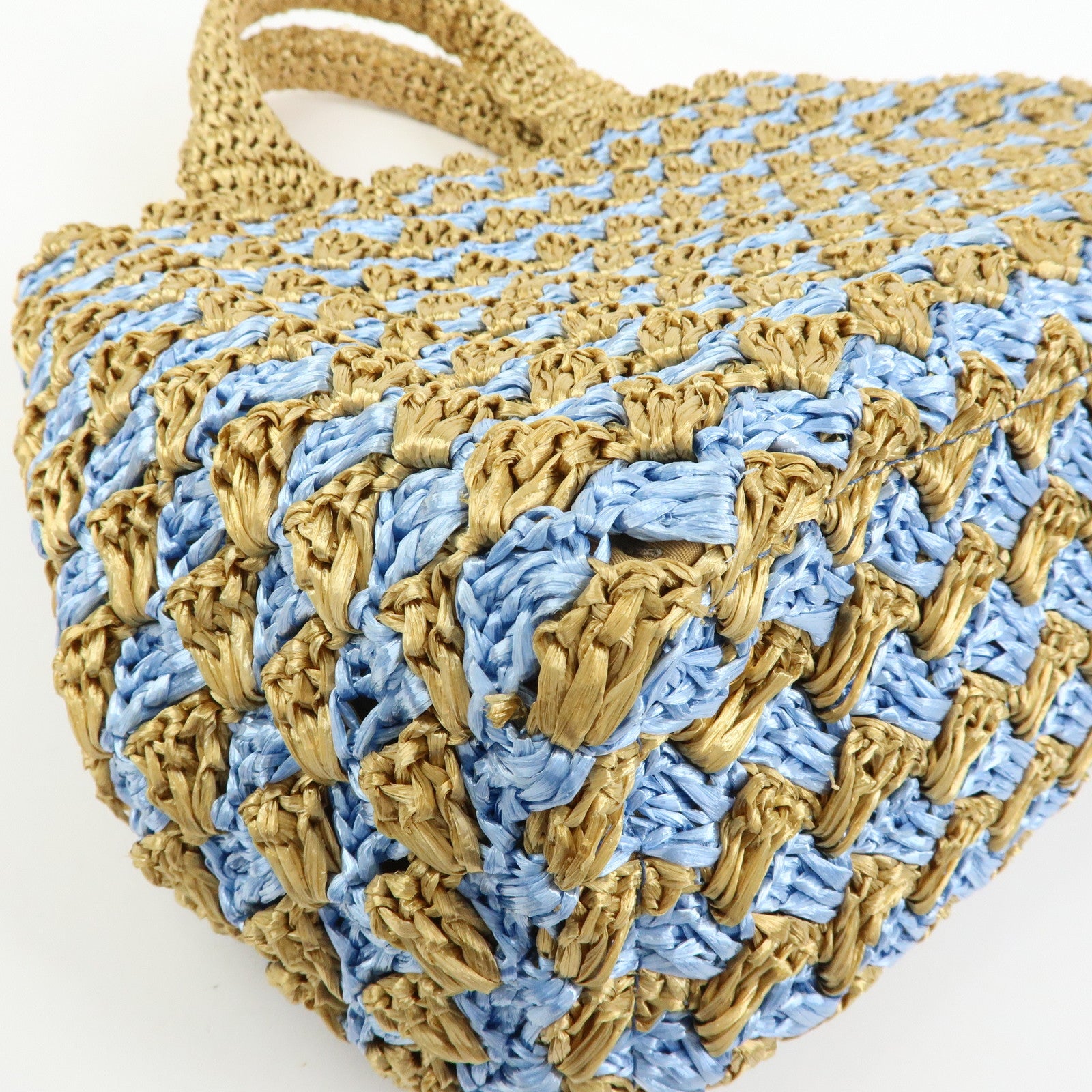 PRADA Triangle Logo Canapa Raffia Tote Bag Hand Bag Beige Blue