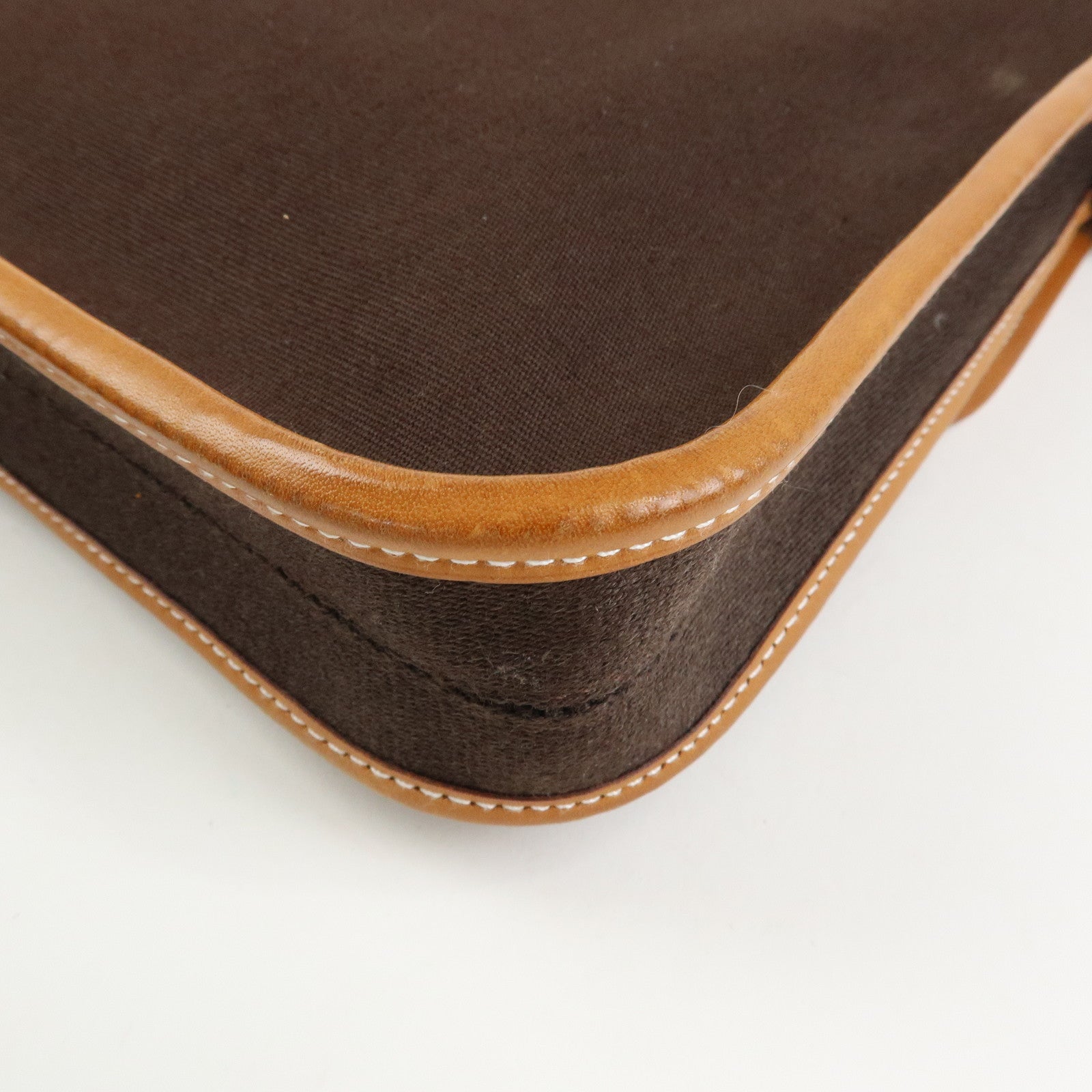 HERMES Buenaventura PM Toile Officier Leather Shoulder Bag Dark Brown