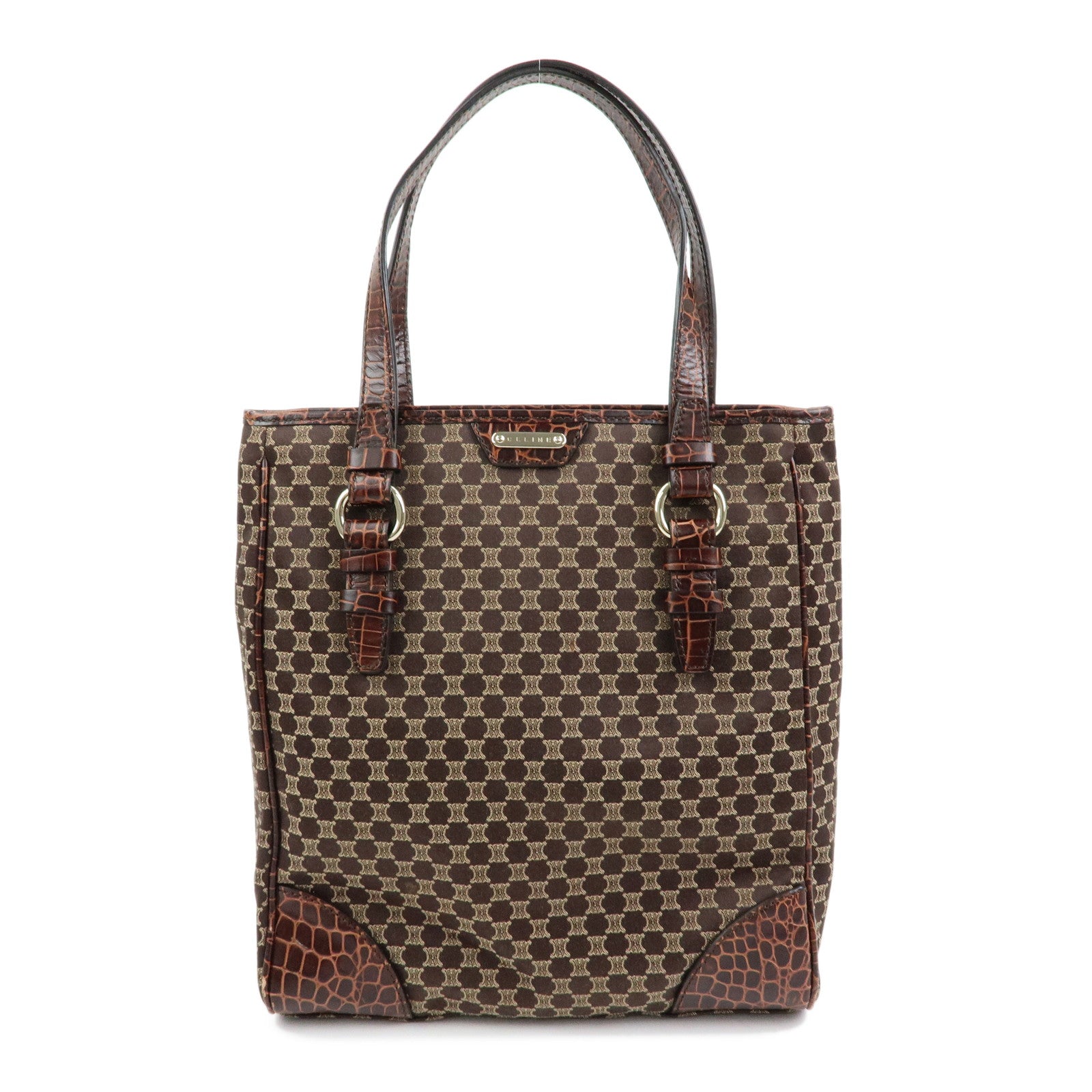 CELINE Macadam Embossed Leather Canvas Tote Bag Hand Bag Brown