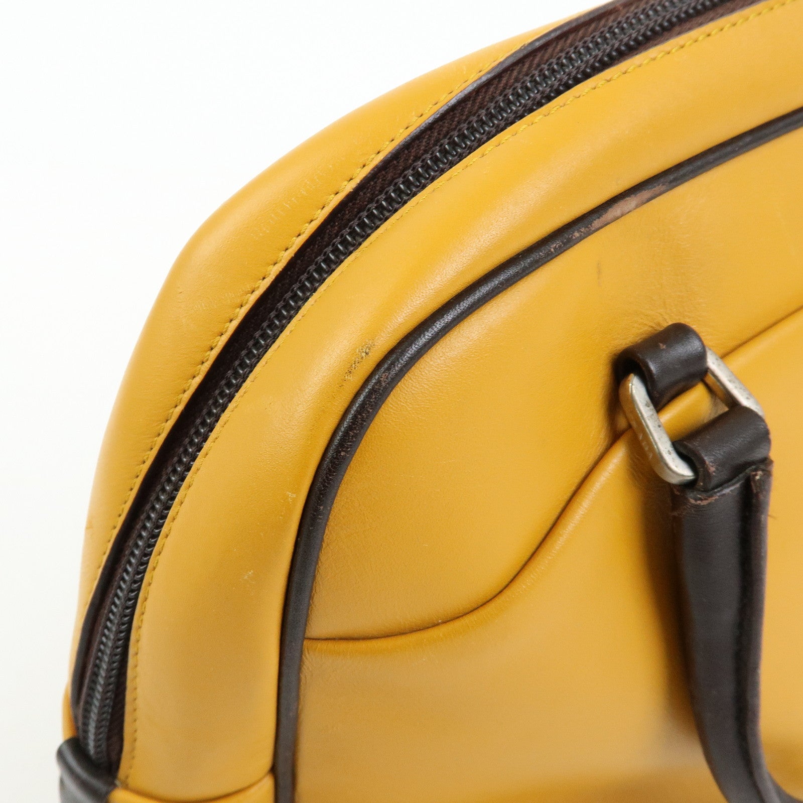 PRADA Leather Bicolor Hand Bag Bowling Bag Yellow Brown