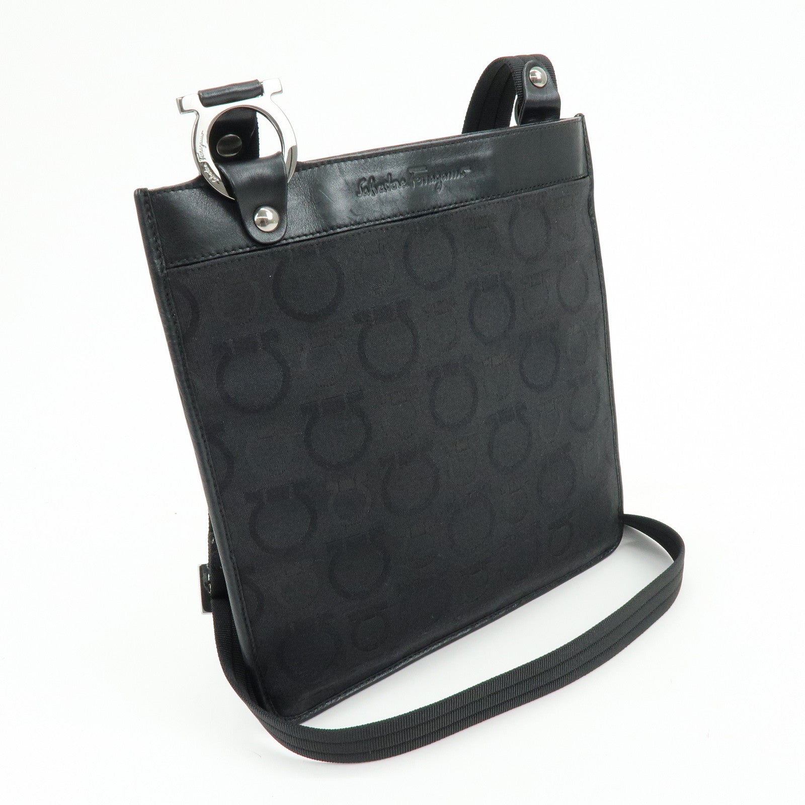 Ferragamo Gancini Canvas Leather Shoulder Bag Crossbody Bag Black