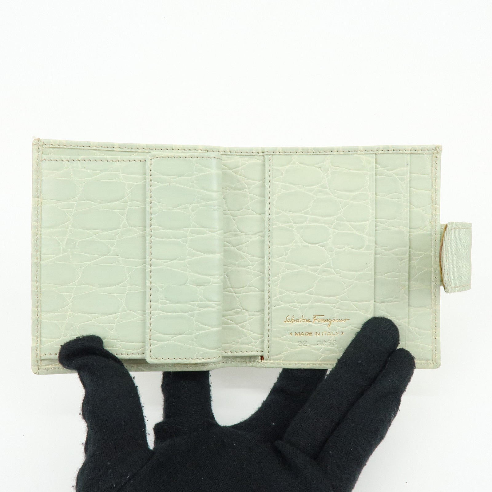 Ferragamo Vara Embossed Leather Compact Wallet Light Green