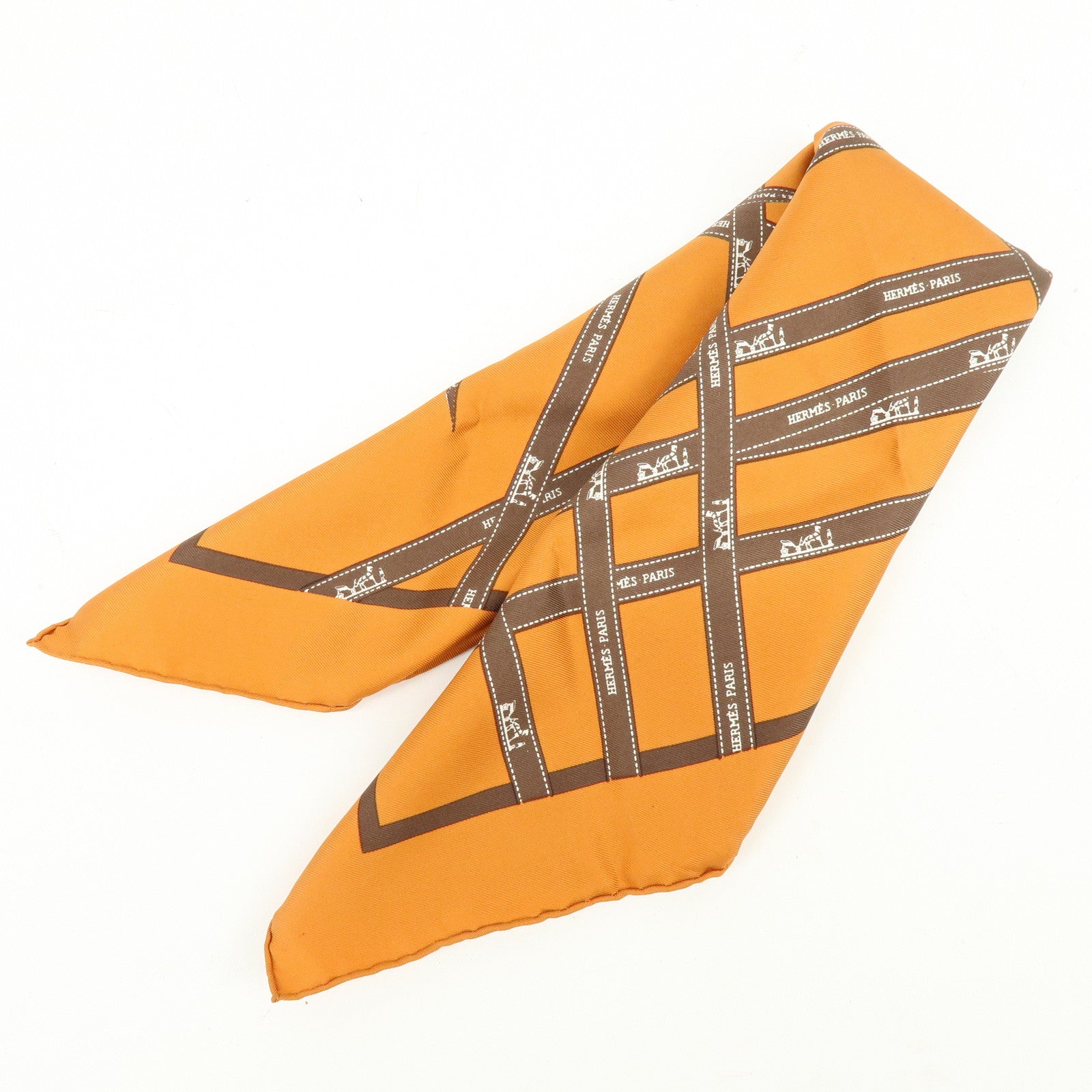 HERMES Carre 45 Bolduc Silk 100% Scarf Ribbon Pattern Orange Brown