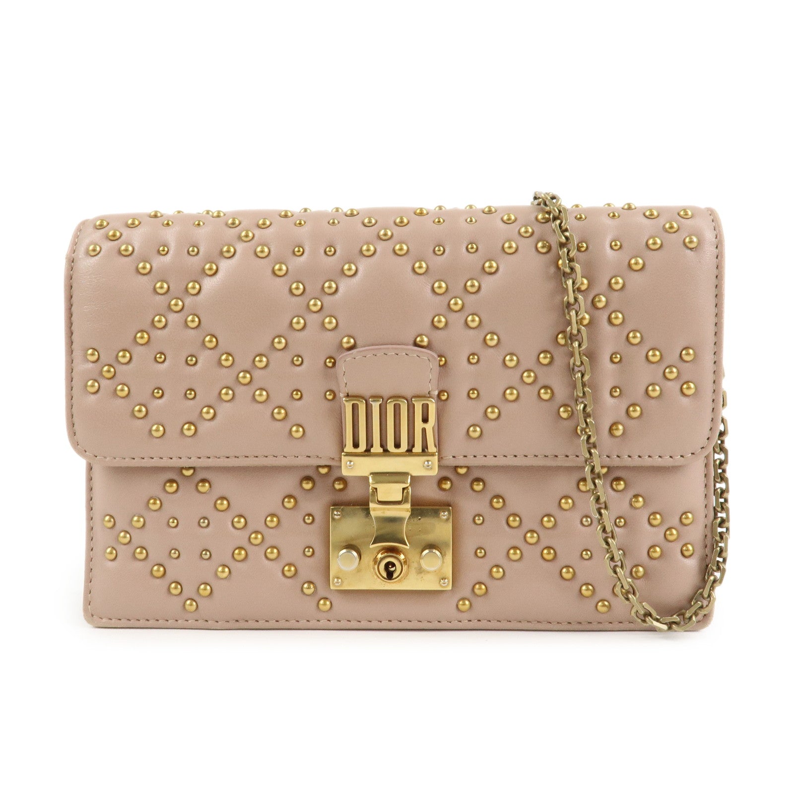 Christian Dior Addict Studs Leather Chain Shoulder Bag Hand Bag Beige Used