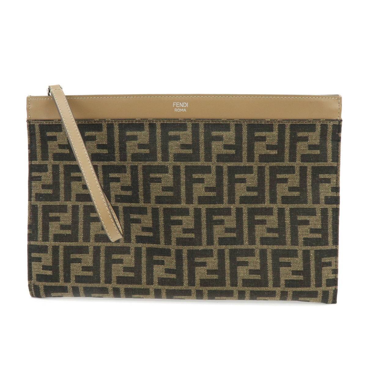 FENDI Zucca Flat Slim Canvas Leather Clutch Bag Pouch Brown 7N0134