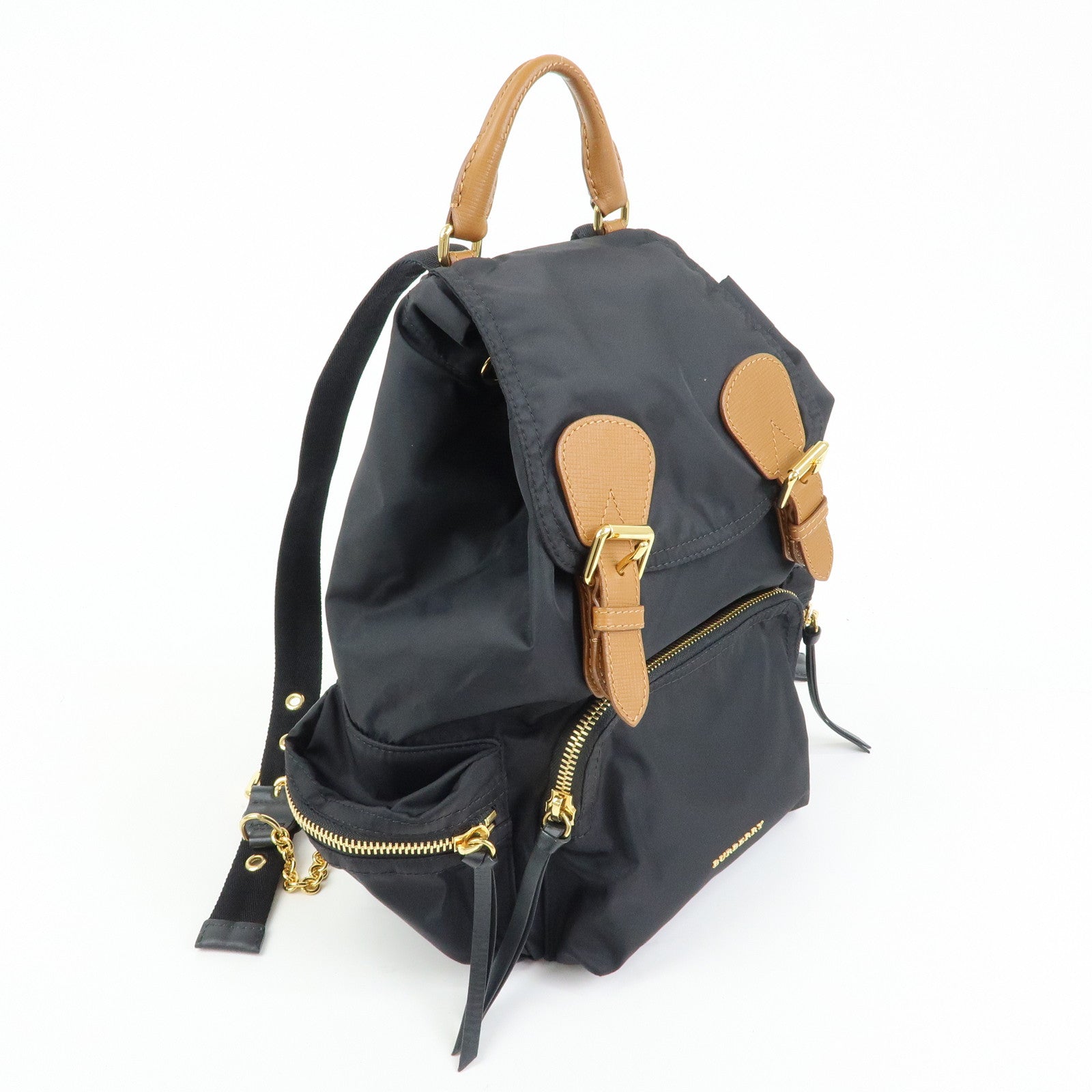 BURBERRY Nylon Leather Backpack Rucksack Gold Chain Black