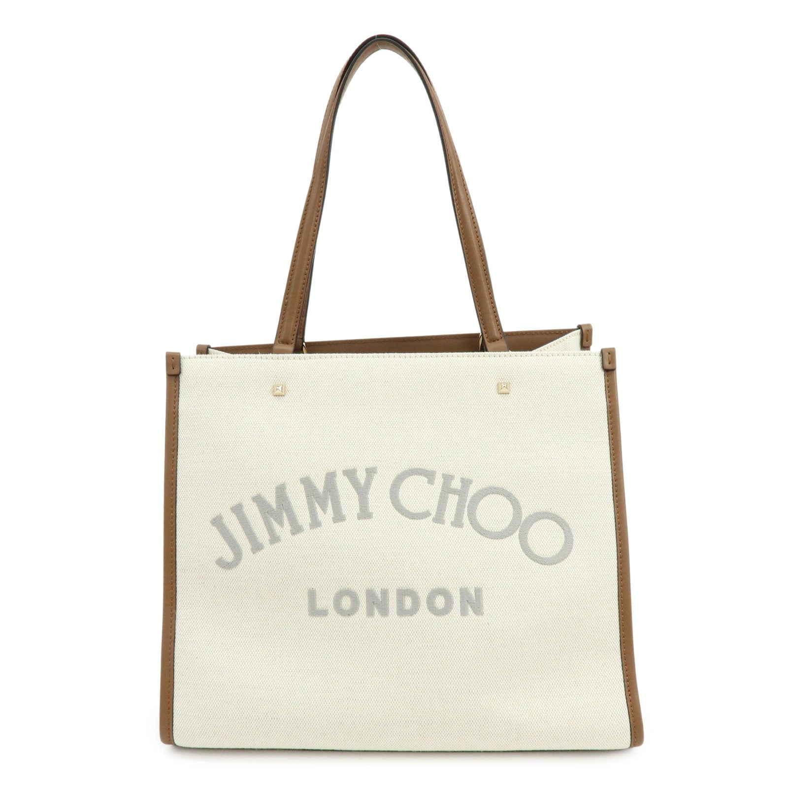 JIMMY CHOO Varennes Canvas Leather Tote Bag Shoulder Bag Ivory Brown