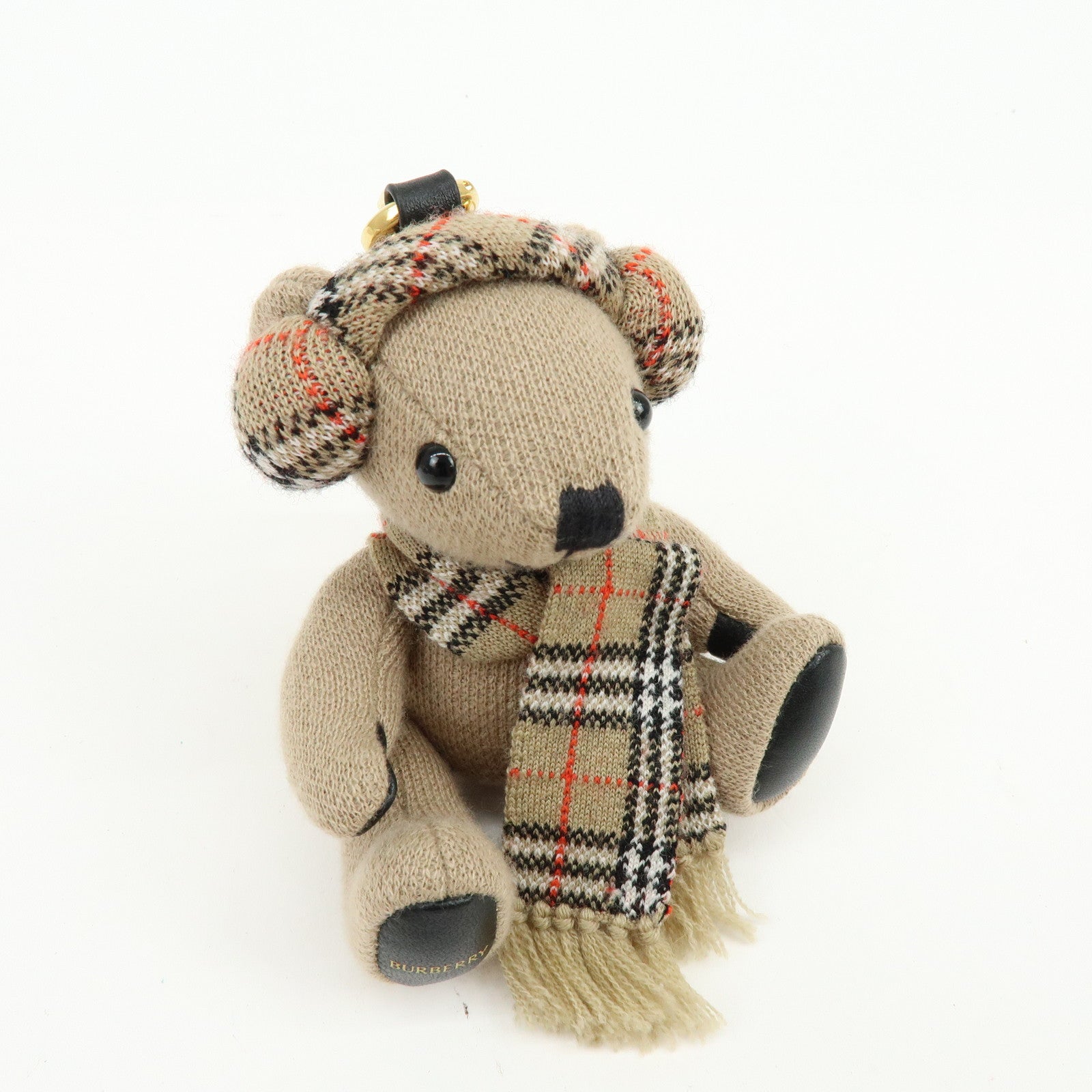 BURBERRY Nova Plaid Wool Cashmere Leather Bag Charm Brown