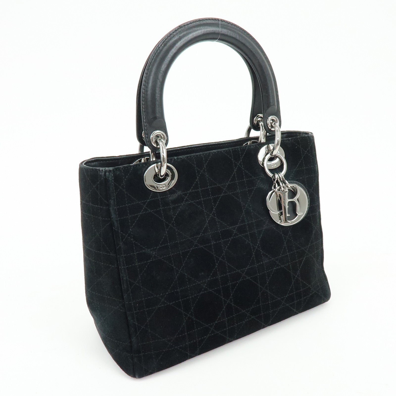Christian Dior Cannage Lady Dior Suede Leather Hand Bag Black