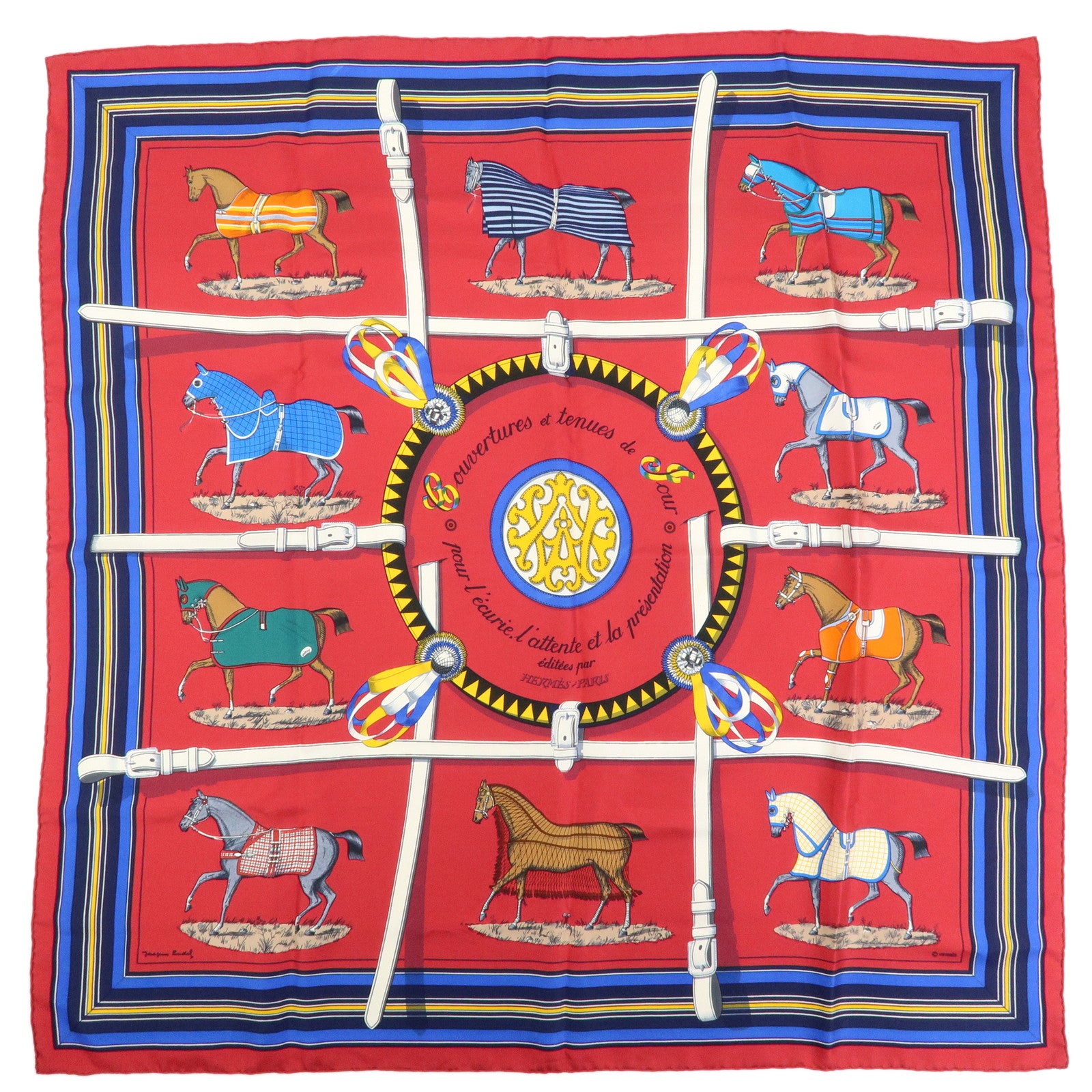 HERMES Carre 90 Silk 100% Scarf Couvertures et Tenues de Jour Red Blue