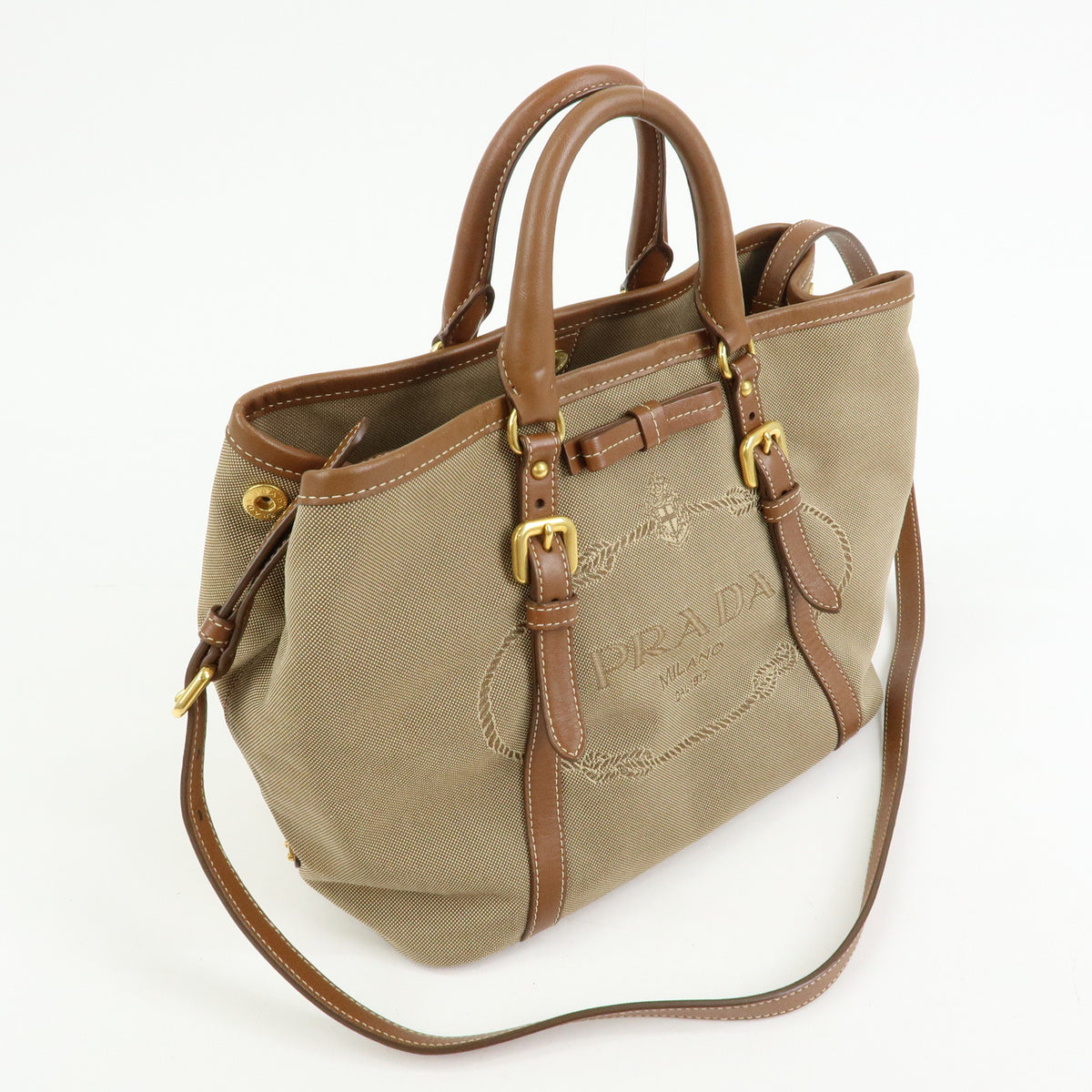 PRADA Triangle Logo Jacquard Canvas Leather 2Way Bag Tote Bag BN1841