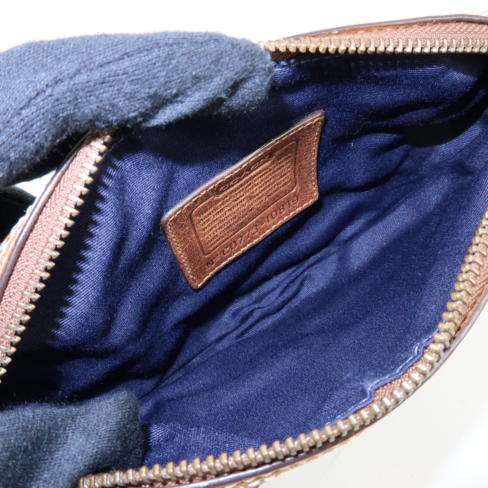 COACH Sigunature Canvas Silk Leather Patchwork Shoulder Bag Blue Brown