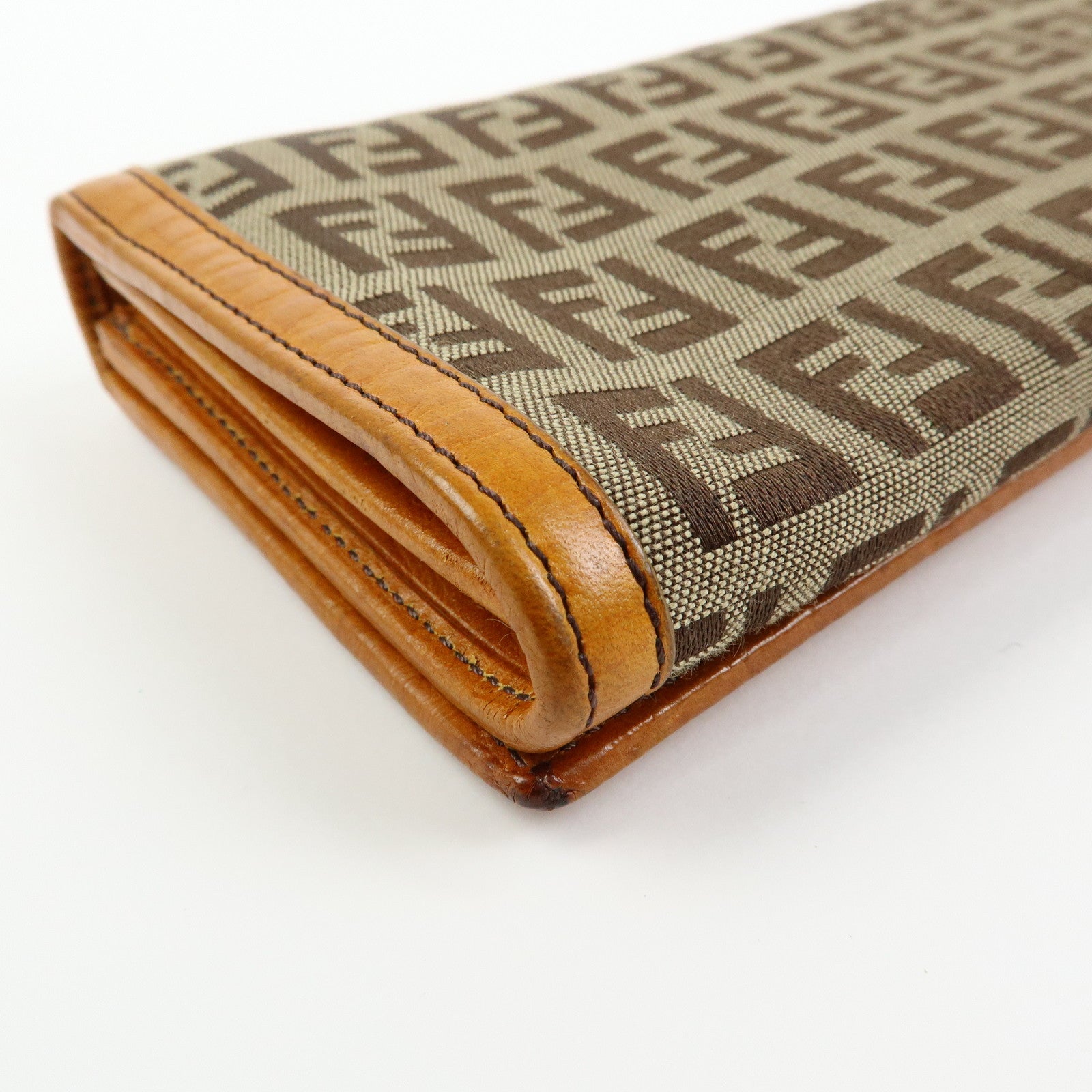 FENDI Zucchino Jacquard Canvas Leather Bi-fold Long Wallet Beige 8M0000