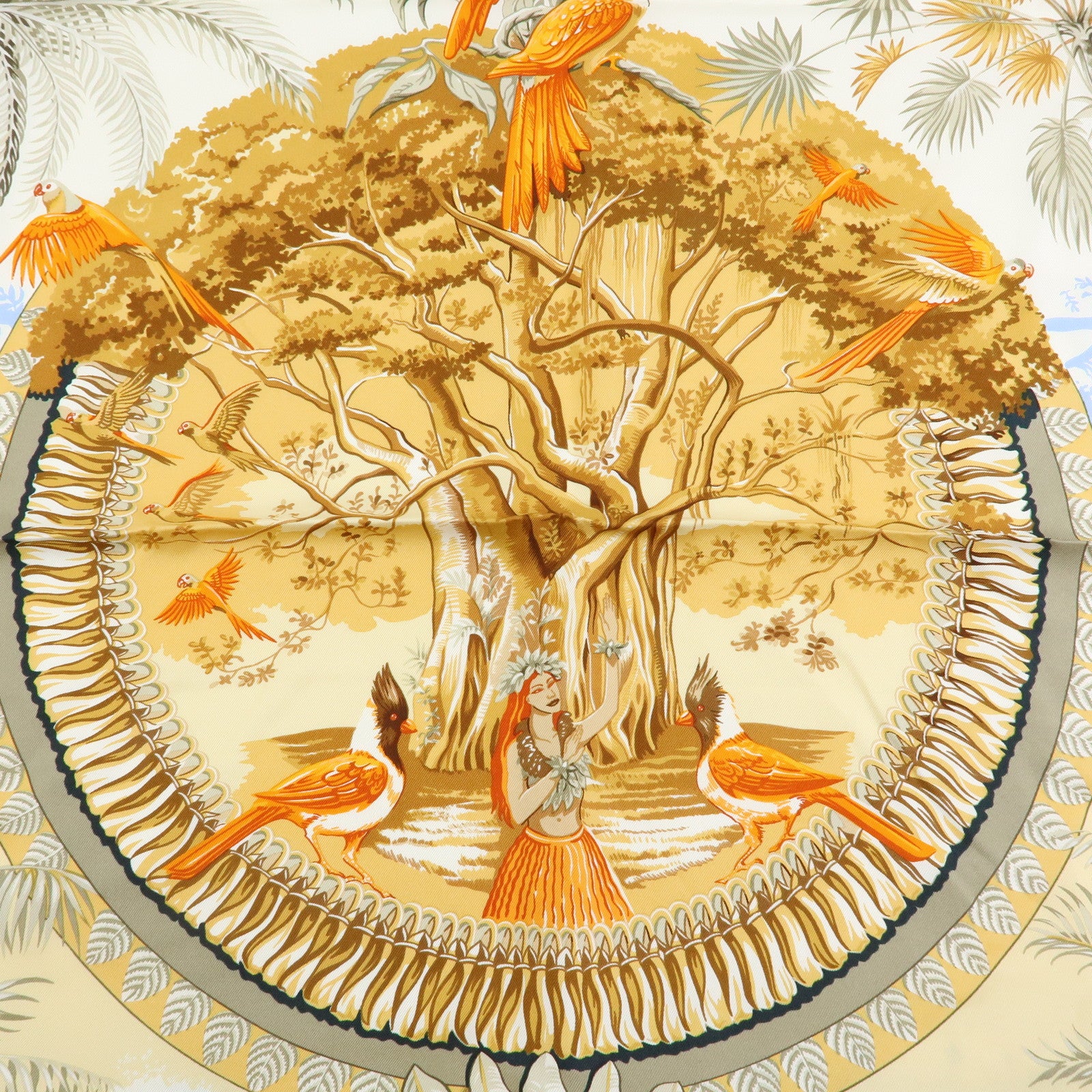 HERMES Carre 90 Silk 100% Scarf ALOHA Navy Light Brown