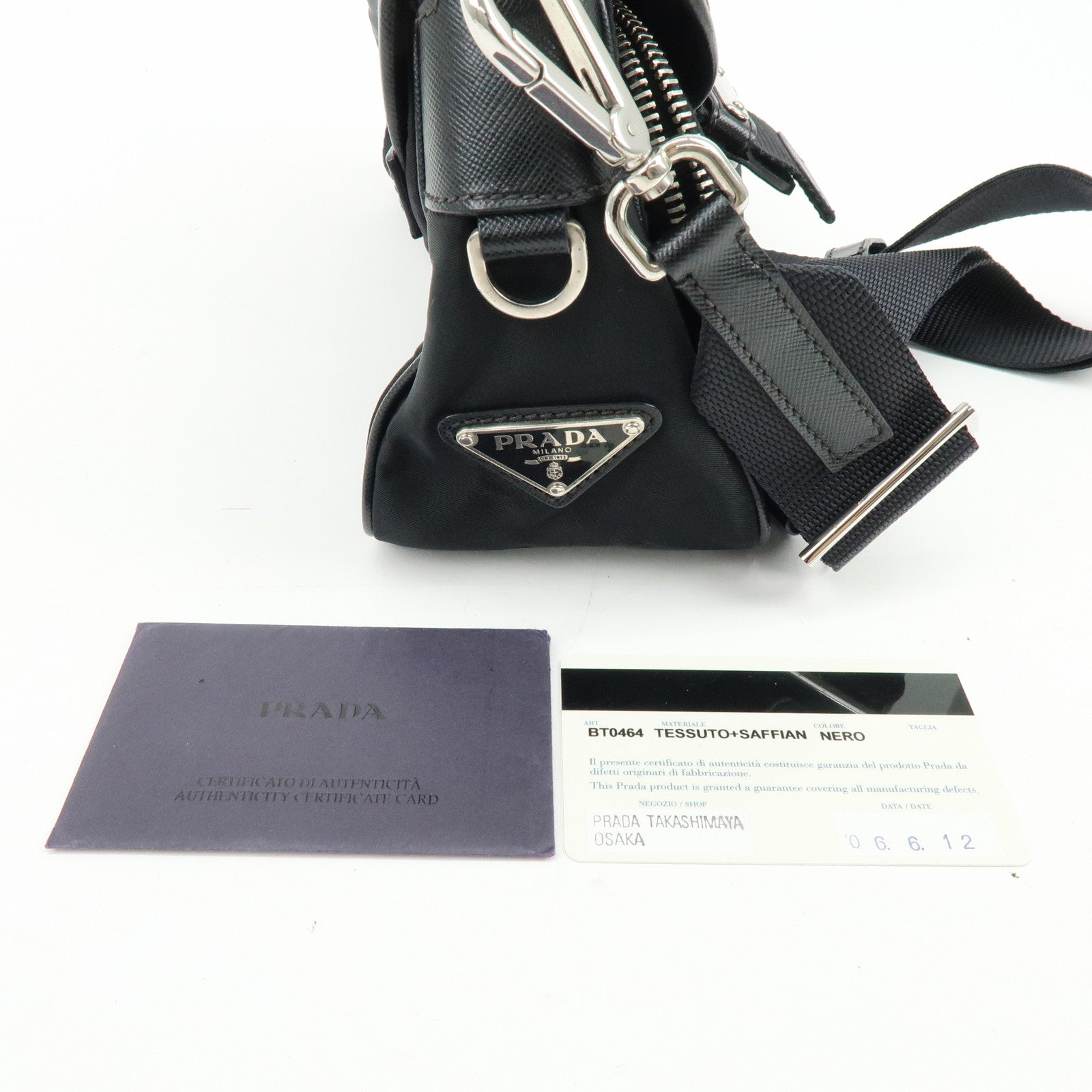 PRADA Triangle Logo Nylon Saffiano Leather Shoulder Bag Black BT0464