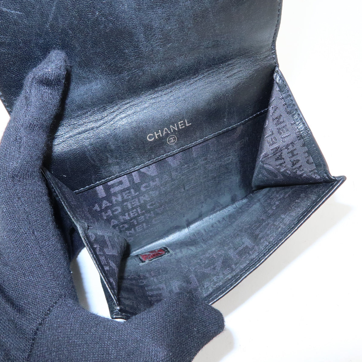 CHANEL Icon Line COCO Mark Lamb Skin W Hook Compact Wallet Black