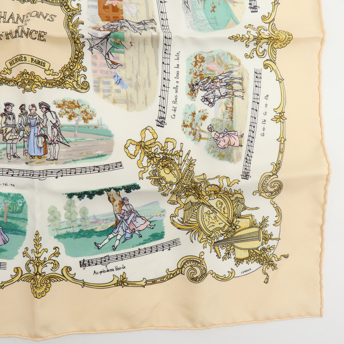 HERMES Carre 45 Silk 100% Scarf CHANSONS DE FRANCE Beige Multicolor