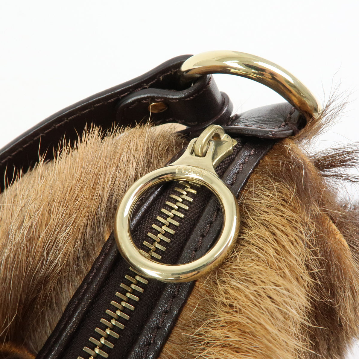 FENDI Fur Leather Shoulder Bag Hand Bag Brown 8BR349