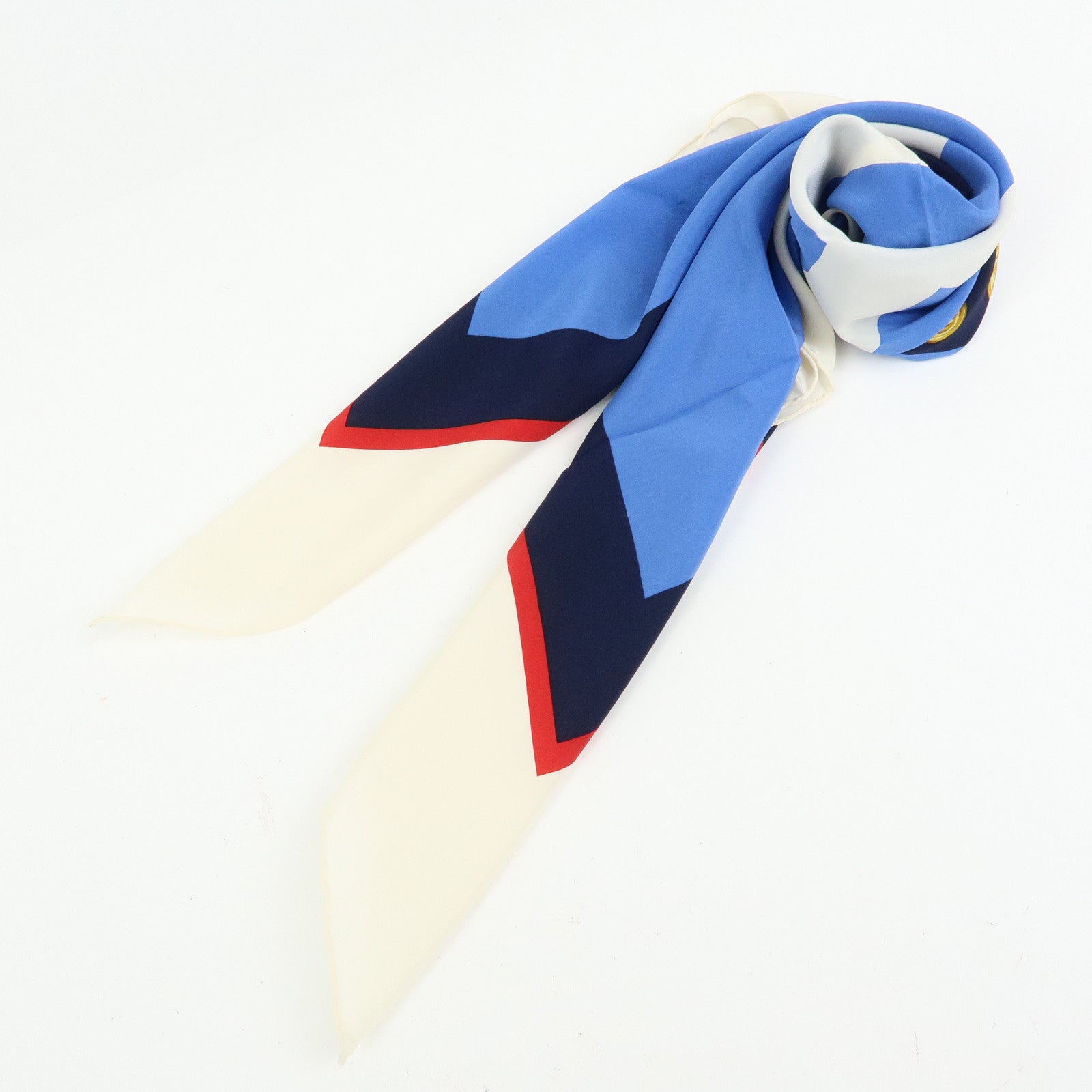 CHANEL COCO Mark Silk 100% Scarf Blue White Navy Red