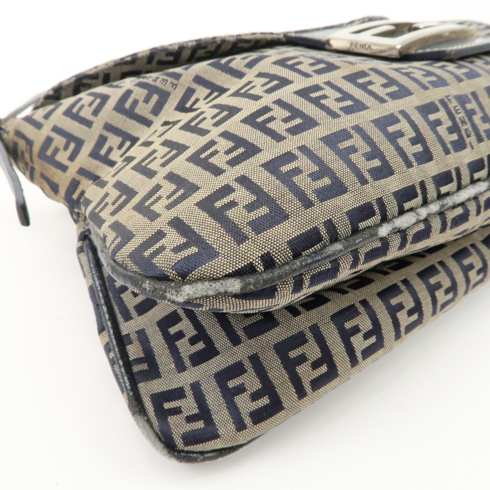 FENDI Zucchino Canvas Leather Shoulder Bag Hand Bag Grey Navy 26796 Used