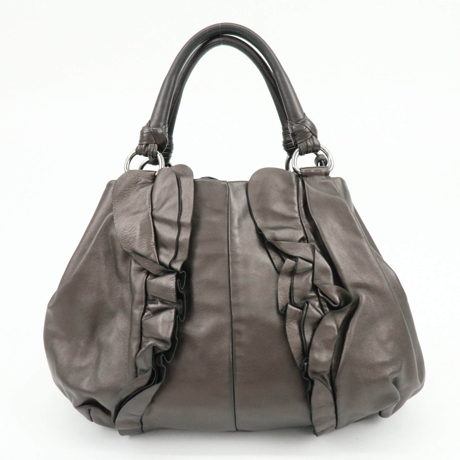 PRADA Gathered Nappa Leather Tote Bag Hand Bag Brown
